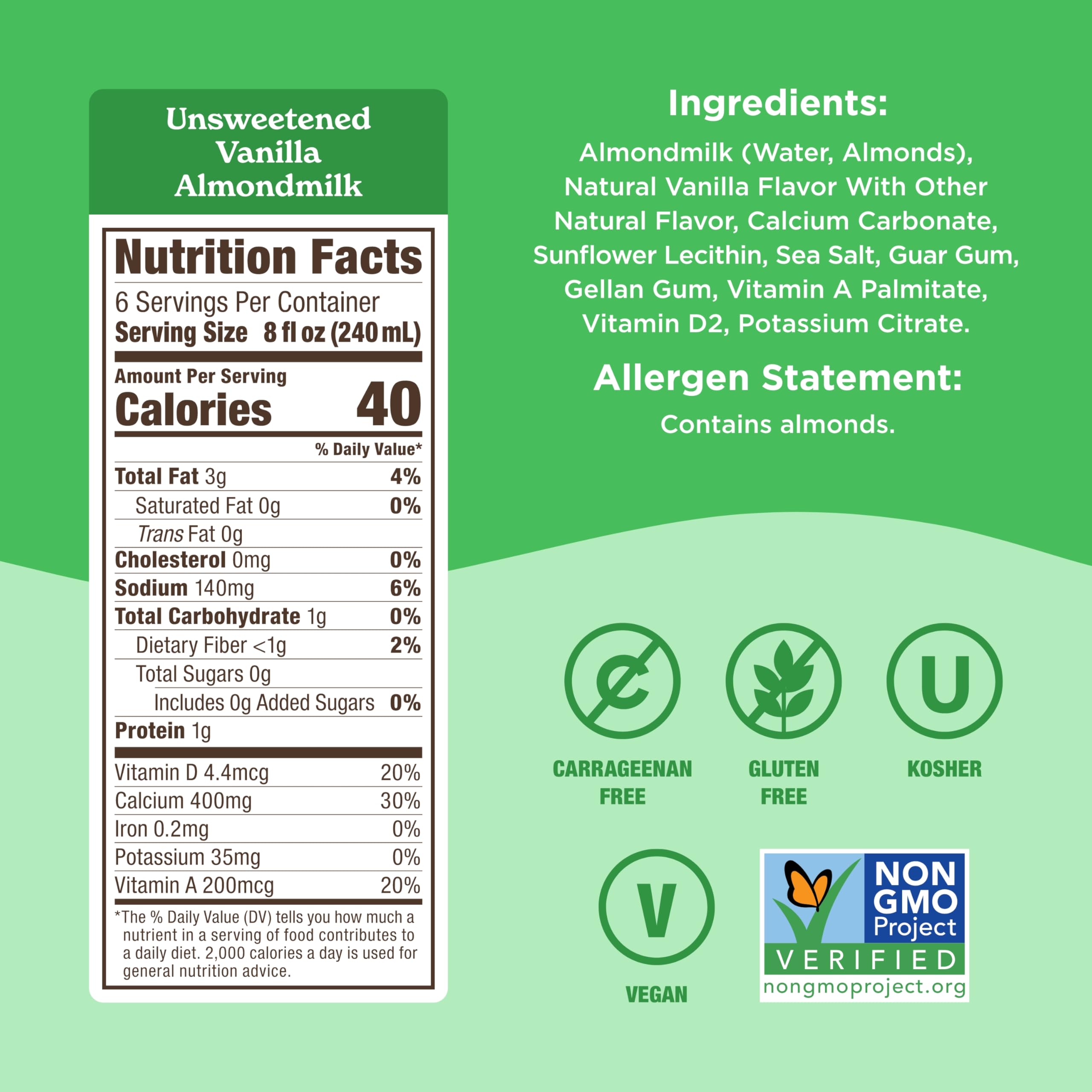 Califia Farms - Unsweetened Vanilla Almond Milk 48 Oz Dairy Free Vegan Plant Based Keto Gluten Free Non — view 2