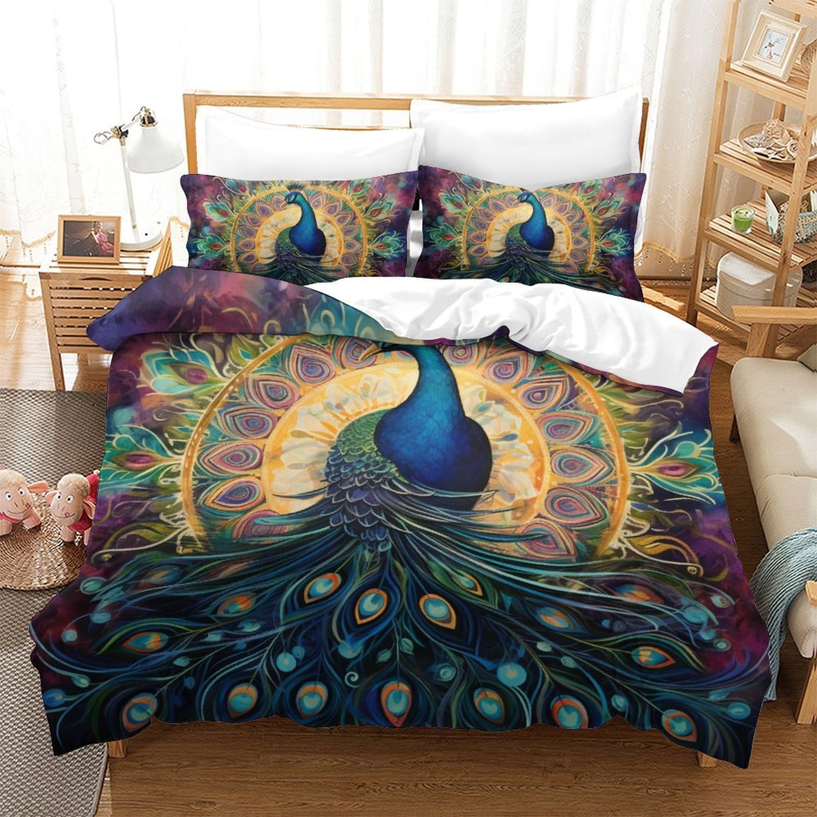 GXYUAOIEF Duvet Cover Set Peacock Decorative Duvet Cover Comforter Cover Polyester Microfiber 3pc with Zipper Bedding for Bedroom, Guestroom King（220x240cm）