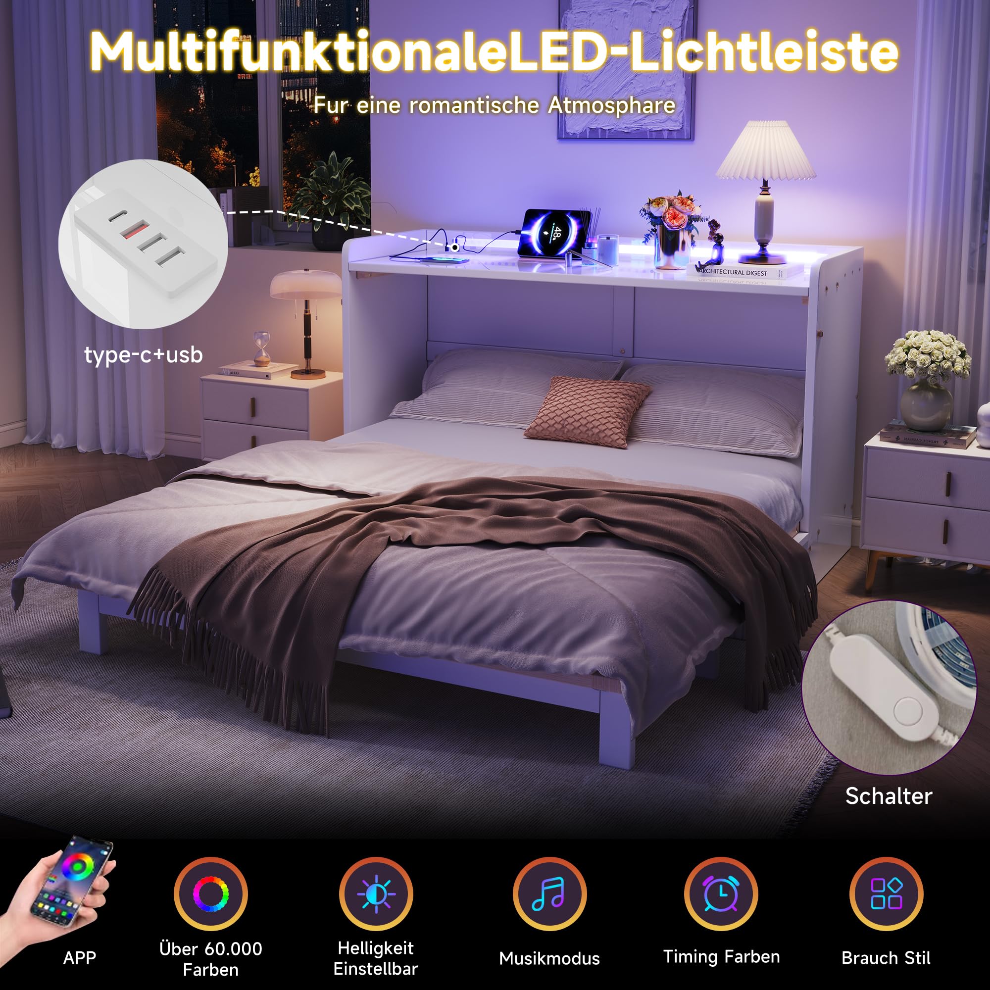 Armario cama, 140 x 200 cm, debajo de la cama se encuentran cajones, con USB y enchufe, barra de luz LED, con placa brillante, cama con plataforma transformable, sin colchón, blanco (140 x 200 cm