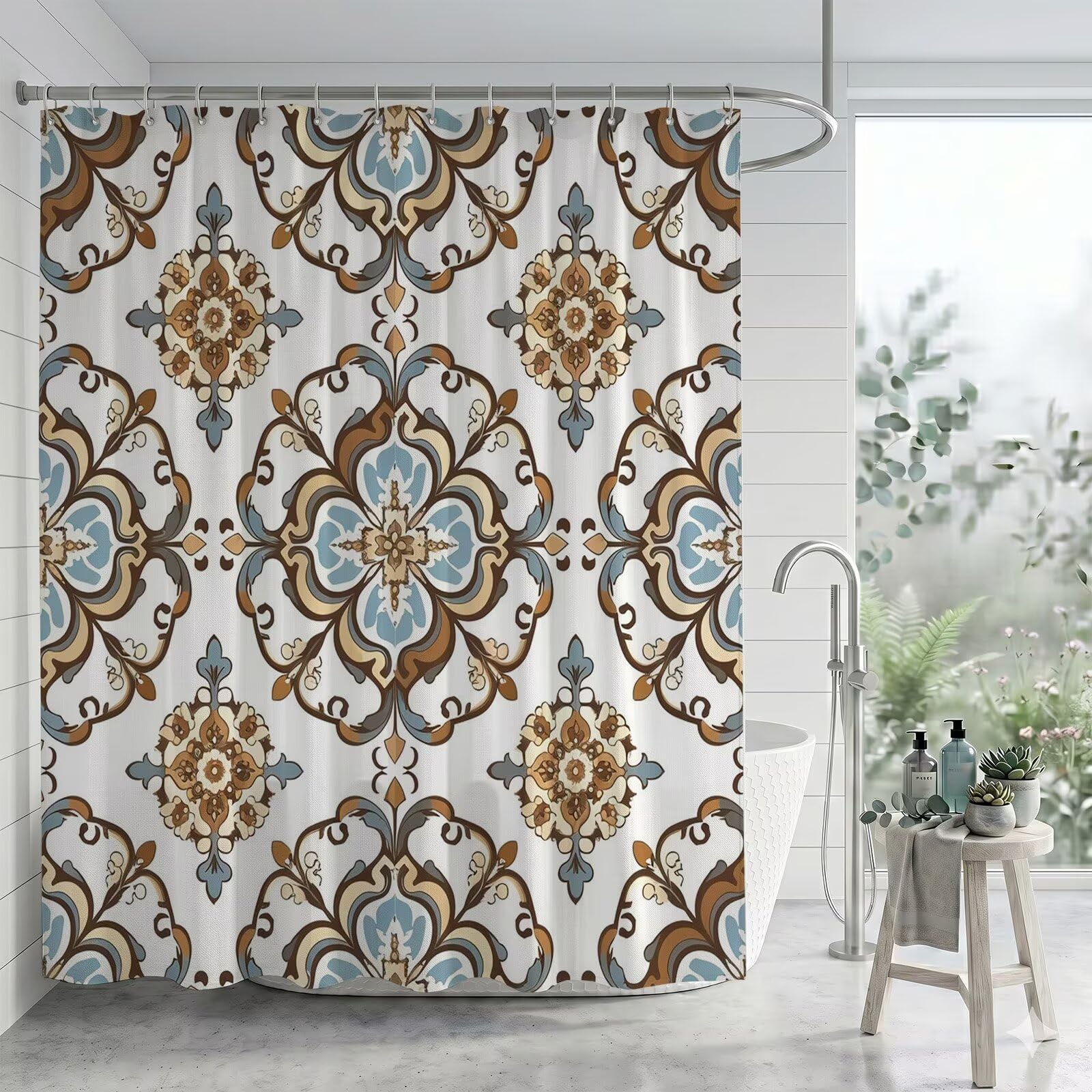 Duschvorhang 300 x 200 cm Braun Böhmen Badevorhang Wasserdicht Schnelltrocknend Stoff Textil mit Beschwerter Saum & Bleiband, Polyester Badewannenvorhang für Dusche & Wanne, inkl Ringe, Q-o190