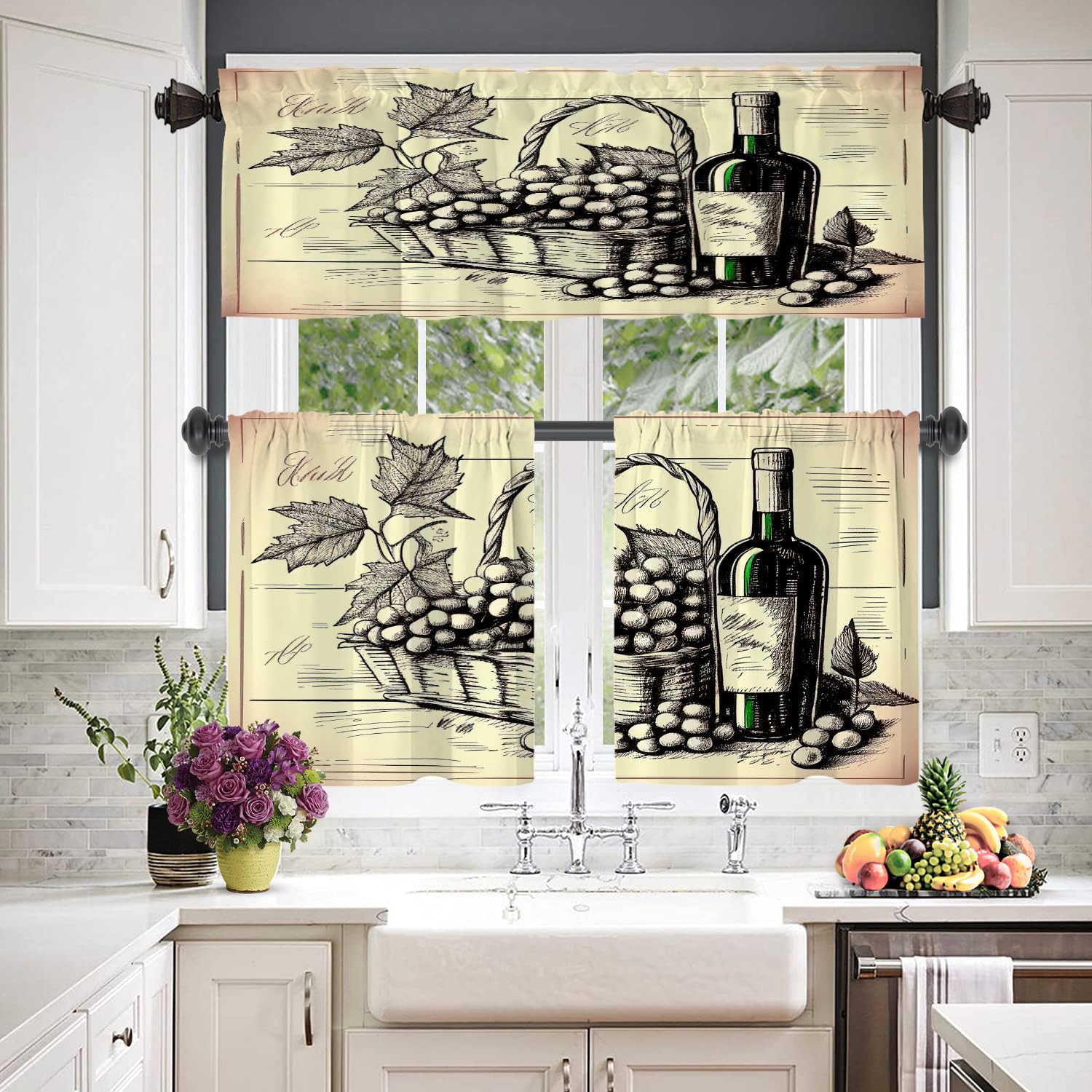 BaoNews Vintage Bottles of Wine Kitchen Tier Curtains for Windows, A Basket of Grapes Blackout Valances Multilayer Polyester Window Treatments for Kitchen 2 Pack 26X24 Inches
