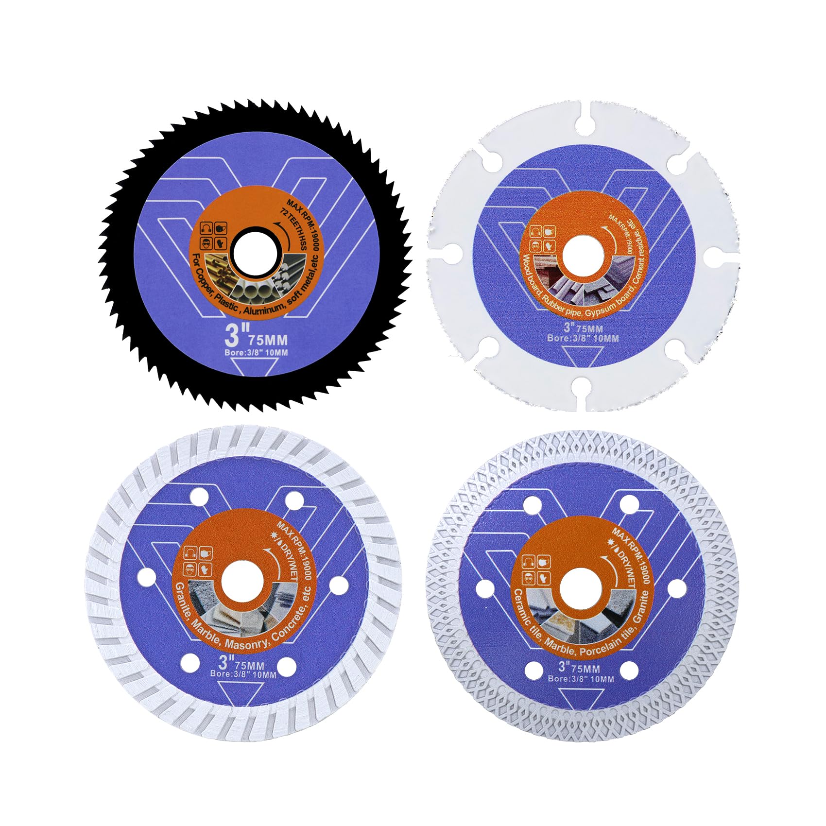 3-Inch Saw Blade Set – 4-Piece Tile/Concrete/Wood/HSS Cutting Discs for Tile Concrete Masonry Wood Plastic Soft Metal – Compatible with Angle Grinders