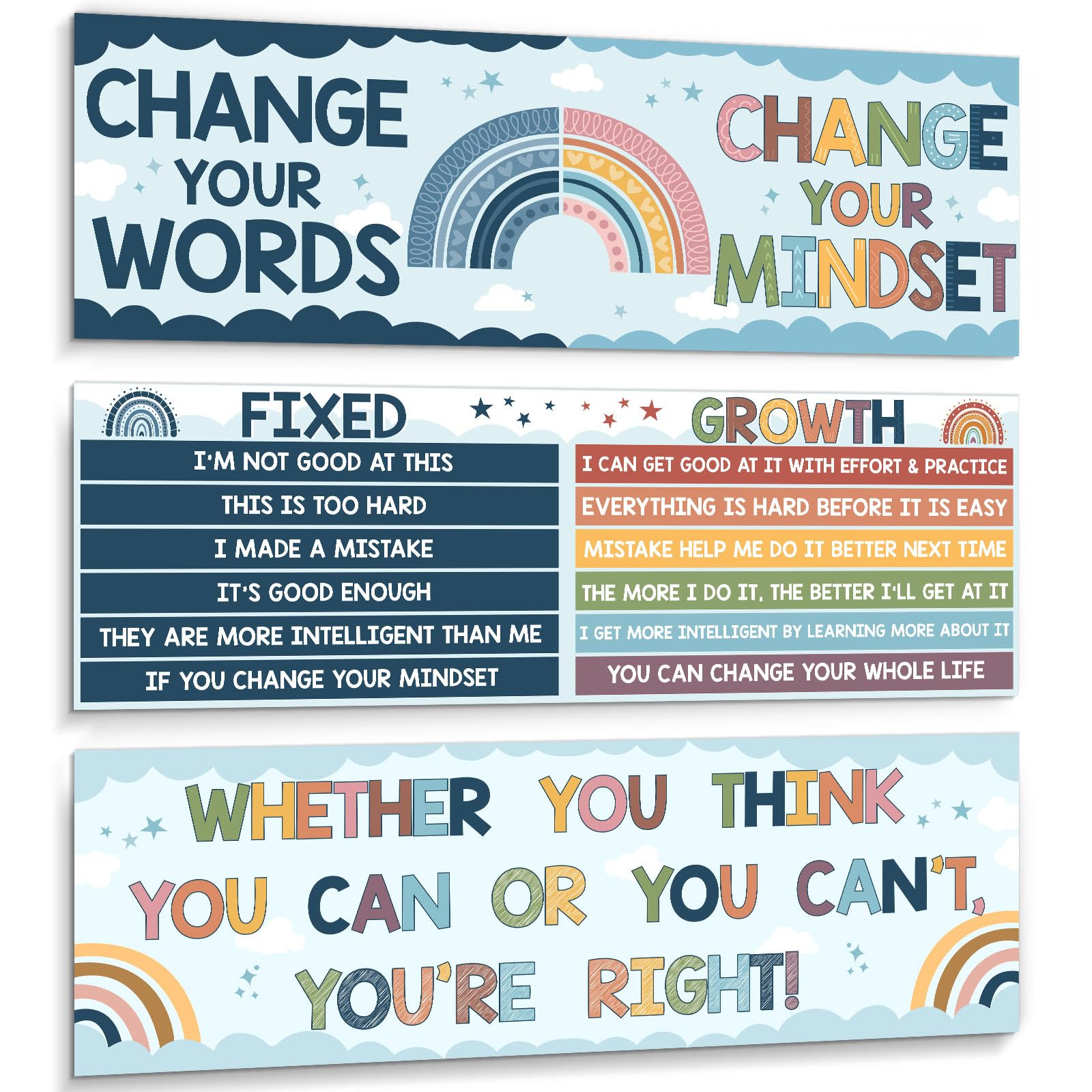 Pasimy 3 Pcs Growth Mindset Banner Classroom Decorations Laminated Motivational Mindset Bulletin Board Set 13 x 39 Inch Change Words Poster Wall Decor for Teachers Middle High School Supply (Boho)