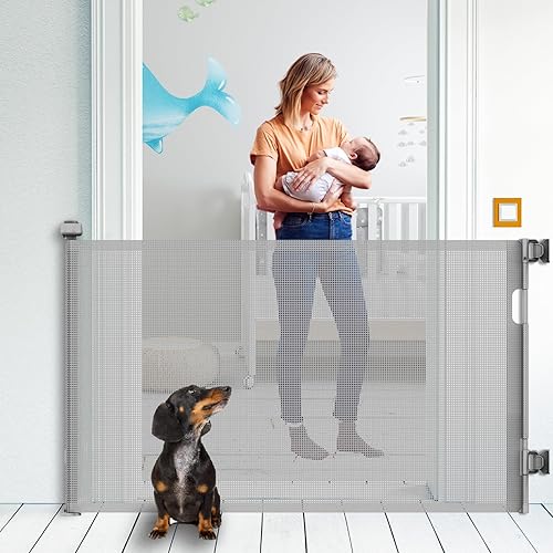 Miniatura 13 de Puerta retráctil mejorada para bebés para escaleras, 33 pulgadas de alto se expande 55 pulgadas de ancho, solución de seguridad ideal para perros,