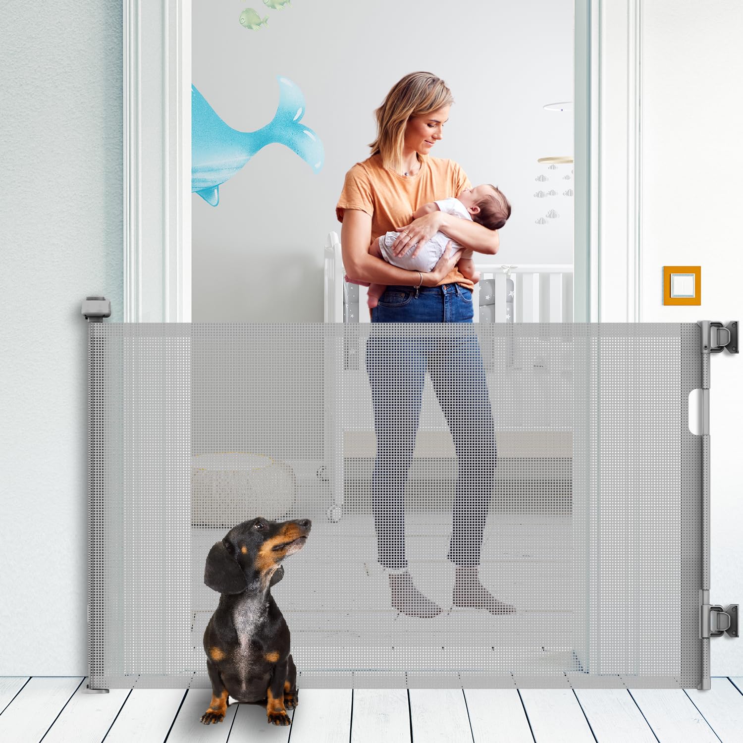 KYXAIN Retractable Baby Gate, Mesh Baby Gate or Mesh Dog Gate, 33" Tall Extends up to 55" Wide, Child Safety Gate for Doorways, Stairs, Hallways,