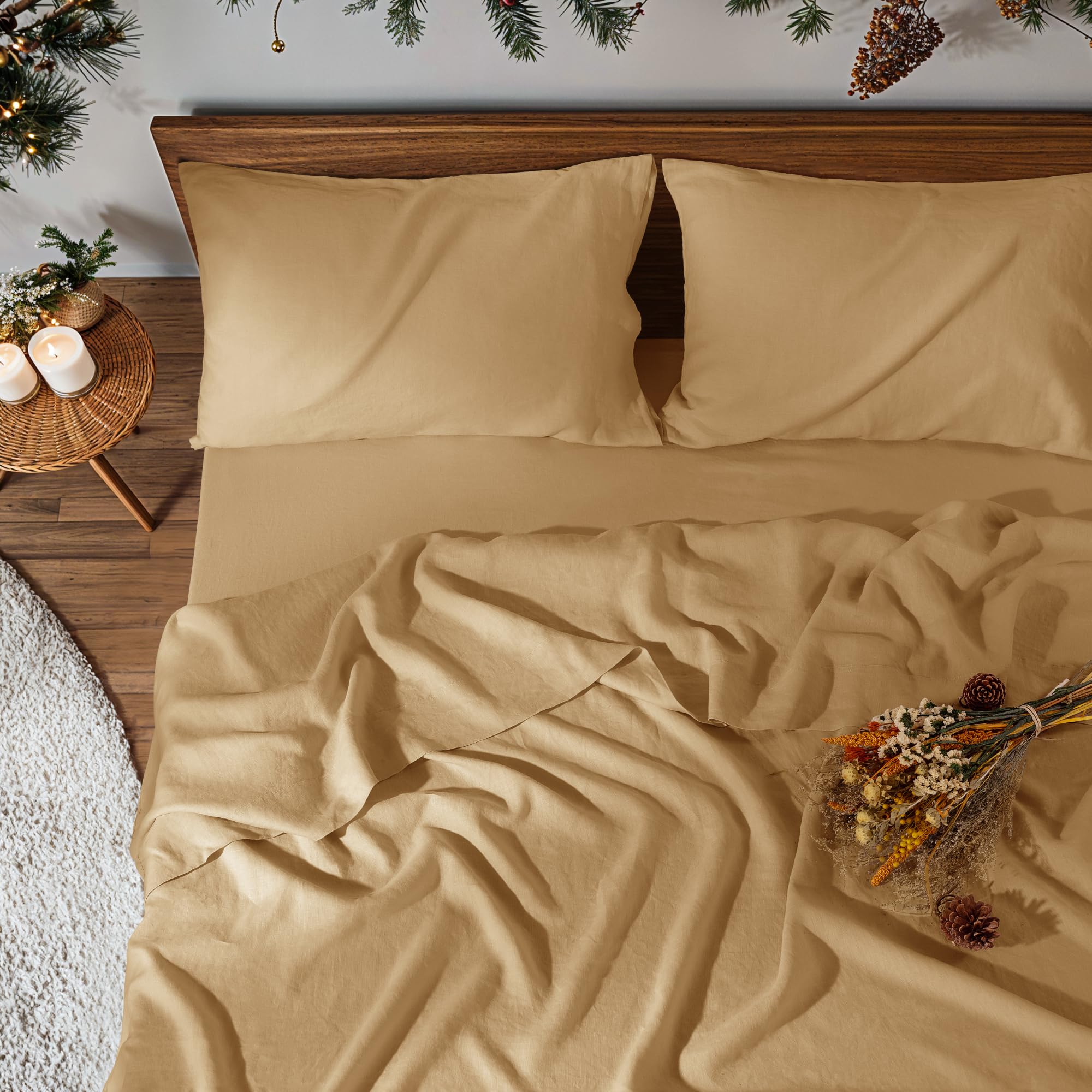 100% Pure Linen Sheet Set for Hot Sleepers, Breathable Linen Sheets 4pcs, 16" Deep Pocket (Ochre King)