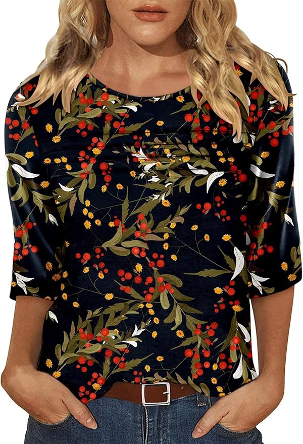 KISSMODA Women's Casual 3/4 Sleeve T-Shirts Round Neck Cute Tunic Tops Basic/Pleated Summer Tops Trendy Spring Blouses