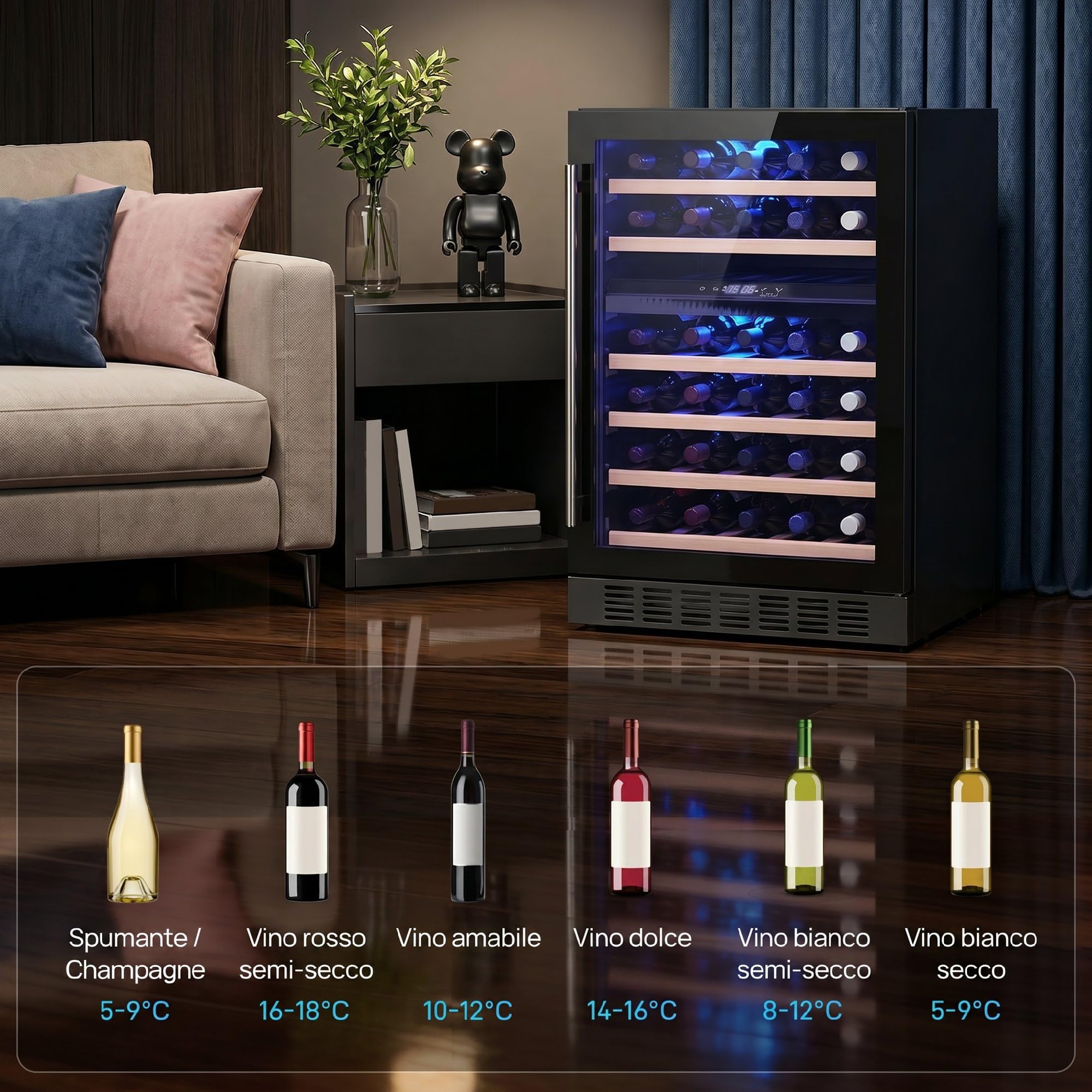HOMCOM Cantinetta Vino Doppia Temperatura 46 Bottiglie 131L Cantina Vino Frigo Bar Refrigerata Sottopiano Silenziosa 5-18℃, Triplo Vetro Anti UV, Ripiani Regolabili Legno, Display Touch, LED, Classe F