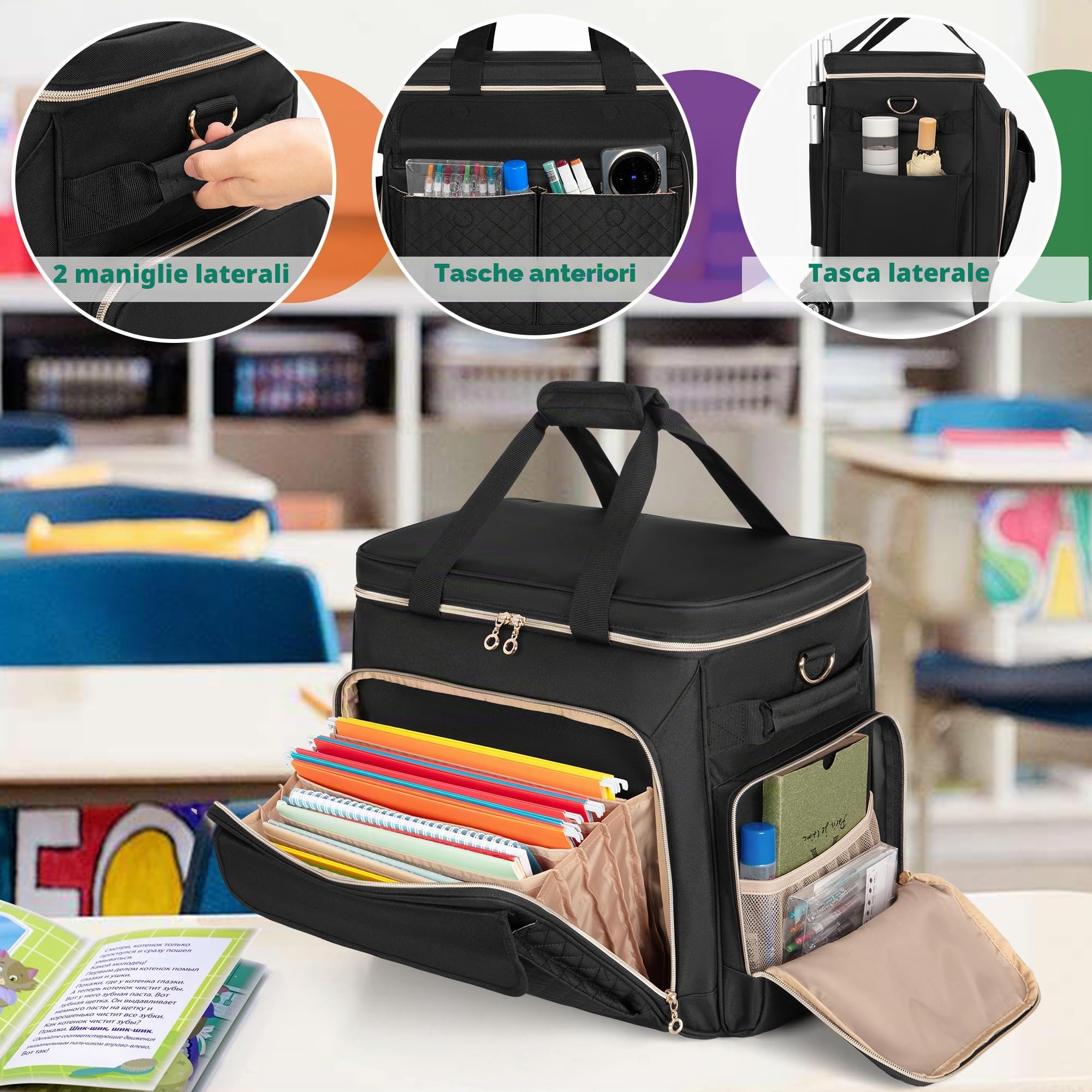 Luxja Borsa per Insegnante con Rotelle con Scomparto per Laptop, Nero | Borsa da Lavoro per Insegnanti con Carrello Staccabile e Area File della Fisarmonica (Solo Borsa)