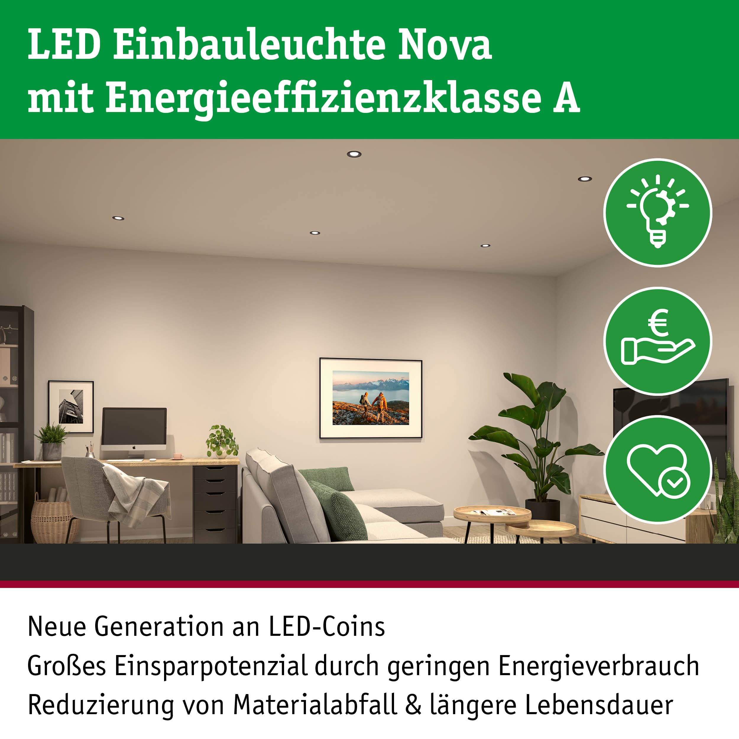 Paulmann LED Einbauleuchte Nova Coin 3er-Set rund 84mm 50° 3x2,8W 3x505lm 230V 4000K Schwarz matt 92457