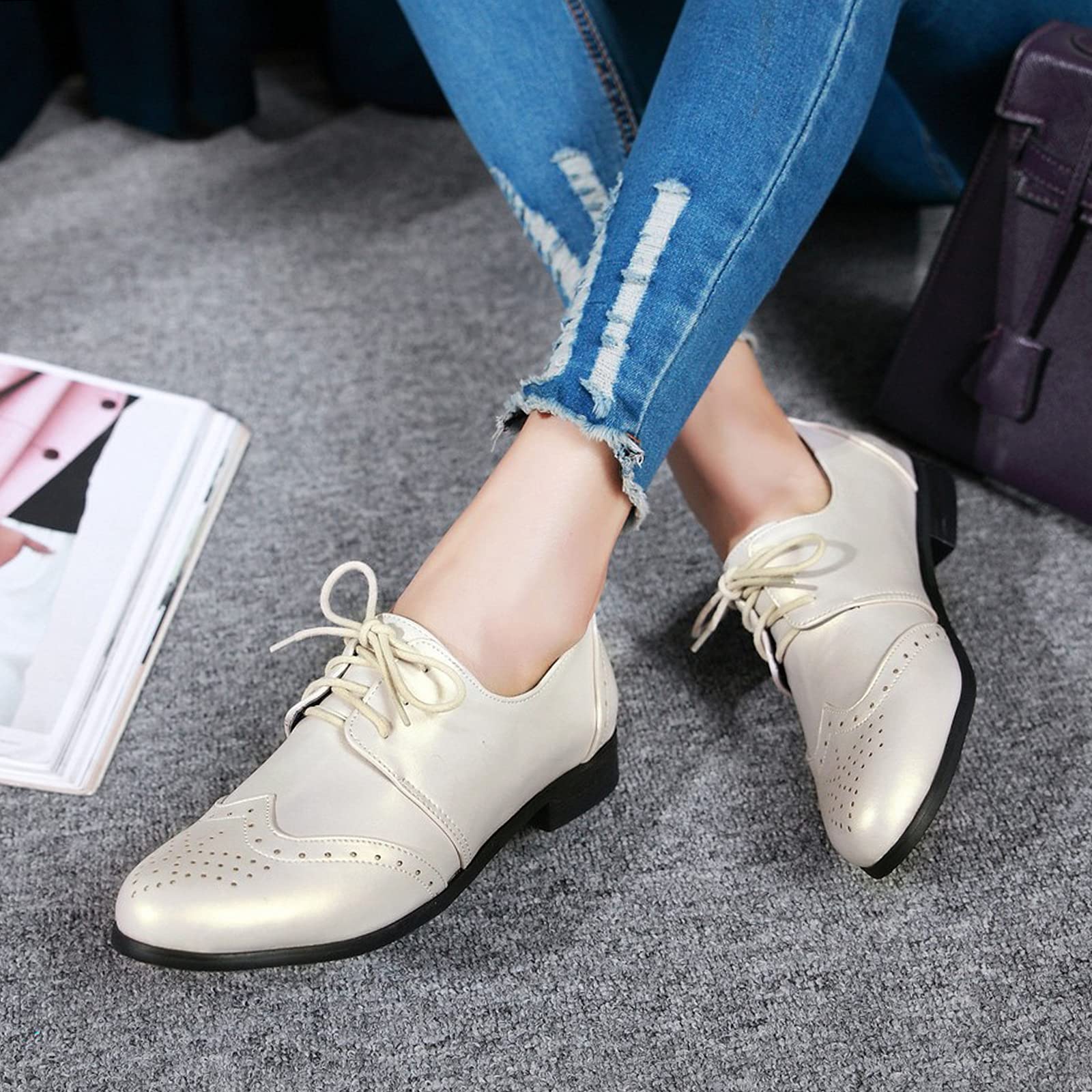 Oxford Talons Bas Femme, Chaussures Plates Dentellets Chaussures de Fête Bout Rond, Taille 32-54