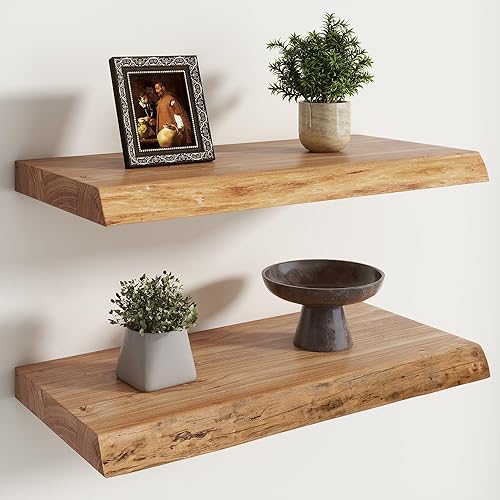 Miniatura 20 de RICHFOCUS Estantes flotantes de olmo para pared, 24 pulgadas de ancho x 9.3 pulgadas de profundidad, estantes rústicos de madera maciza con soporte