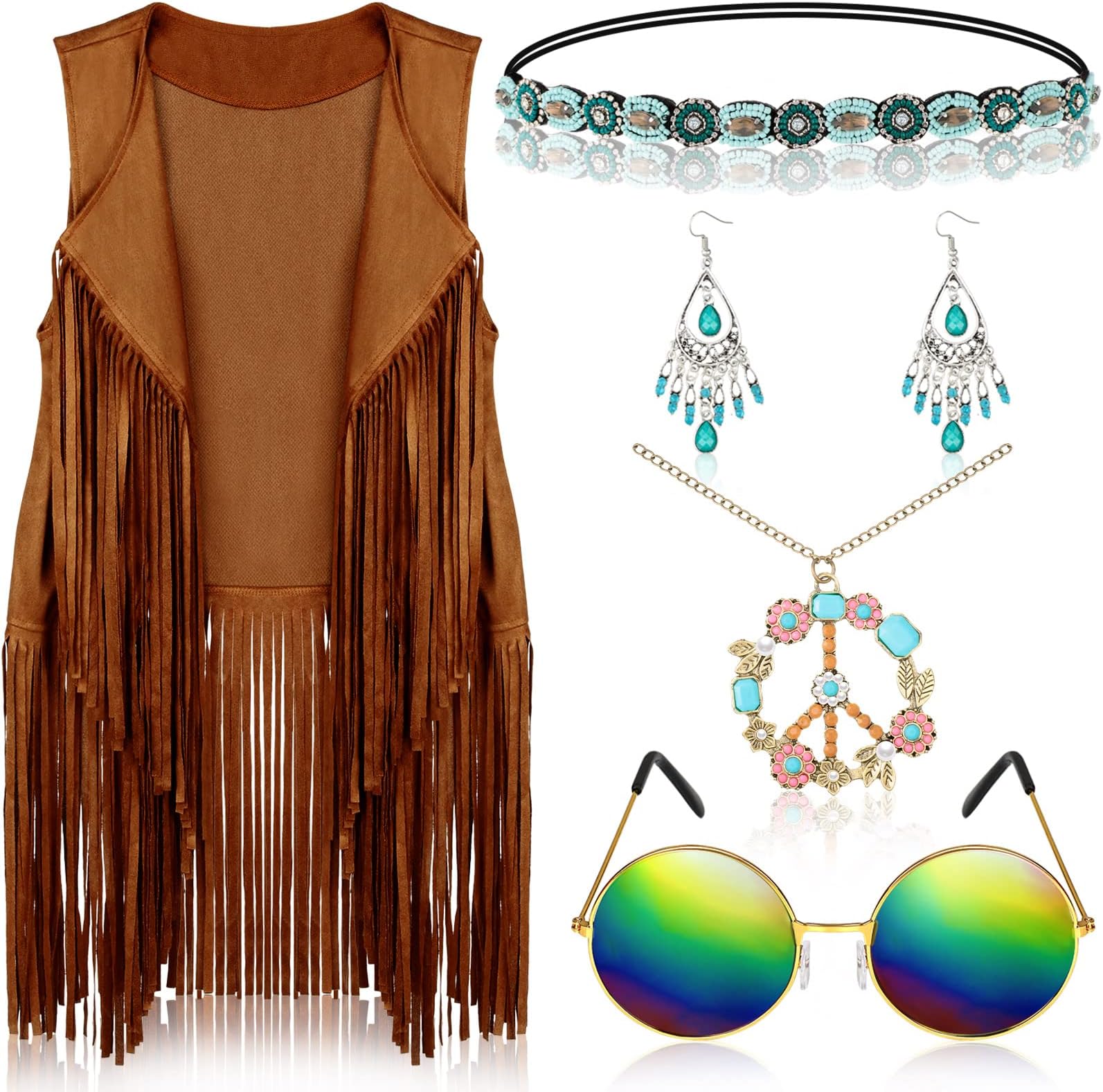 Eurzom6 Pcs 60s 70s Outfits for Women Hippie Costume Accessories Fringe Vest Sunglasses Necklaces Earring Headband