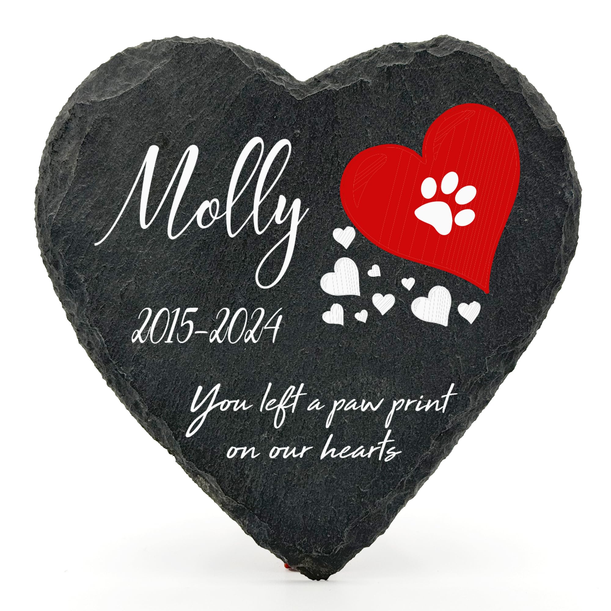 TULLUN Personalised Memorial Heart Shape Plaque For Pet Cat Dog Slate Natural Stone Frame Paw Grave Marker - Red Heart - Size | 4" x 4" or 10 x 10 cm| — image 1