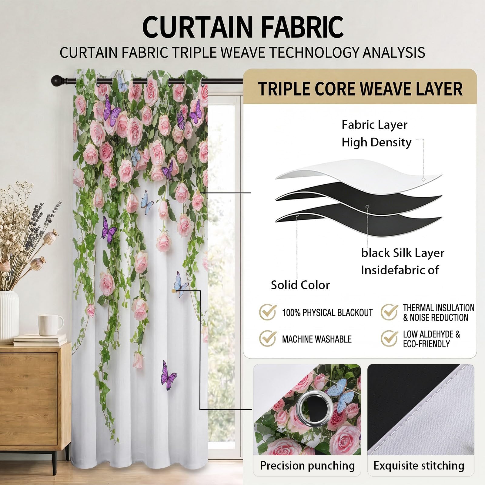 Rideaux Occultant Floral Animal, Rideaux Occultant Couronne De Fleurs Rustique Rideau Thermiques Isolant Anti Froid et Chaleur Rideau à Oeillets pour Chambre À Coucher, 2 PCS, 140L X 260H cm