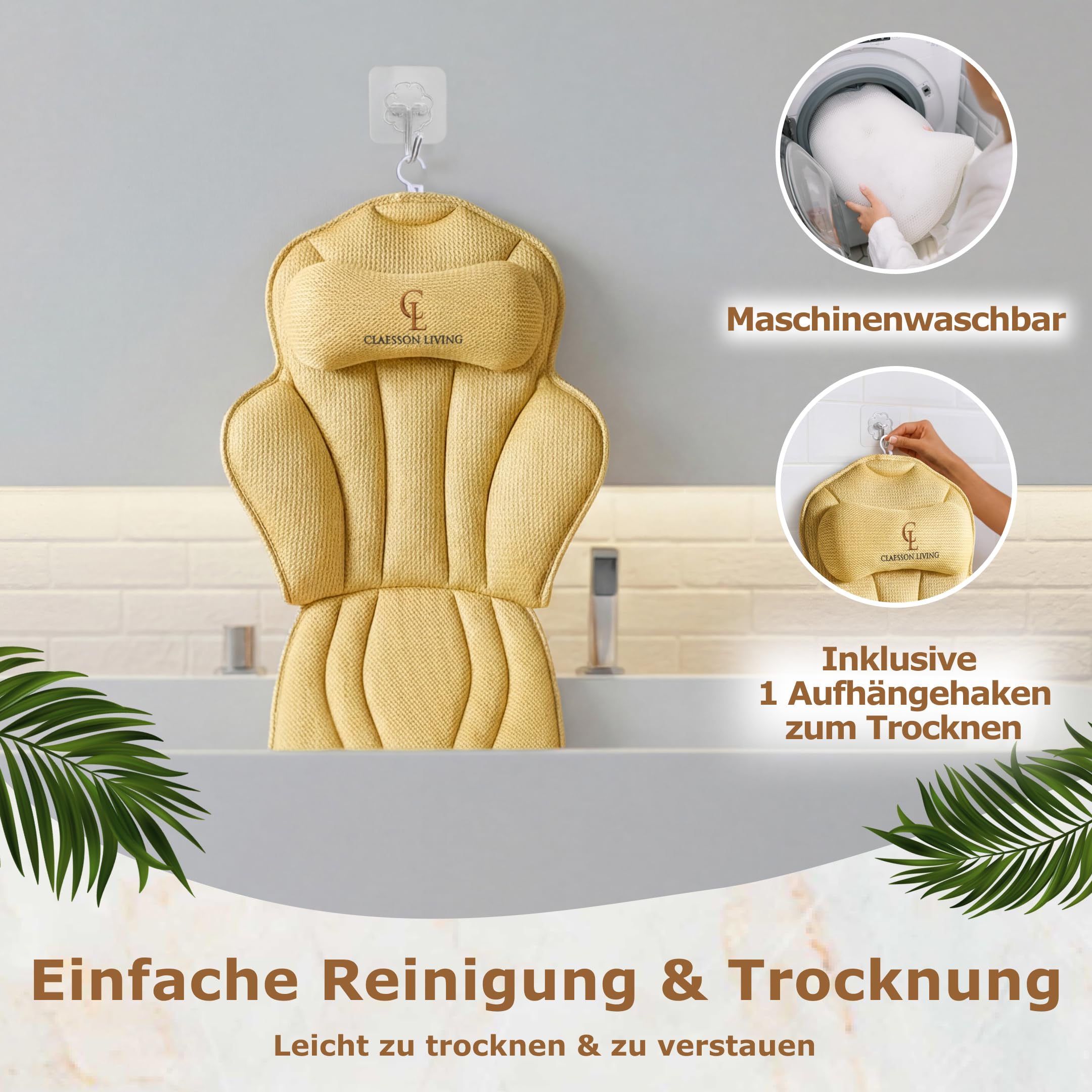 Badewannenkissen Ganzkörper Badekissen (152x56cm) - Badewannenmatte mit Kopfstütze (11cm) unterstützt Nacken, Rücken und Beine - Mit Wasch- und Reisebeutel und einem Hängehaken für Trocknen - Sand