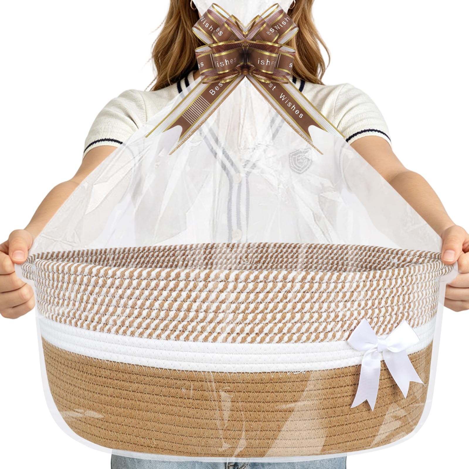 Lotvic Cesto regalo grande, 43 x 32 x 18 cm, kit cestino, cesto vuoto, con sacchetti di cellophane e fiocchi da tirare (cachi)