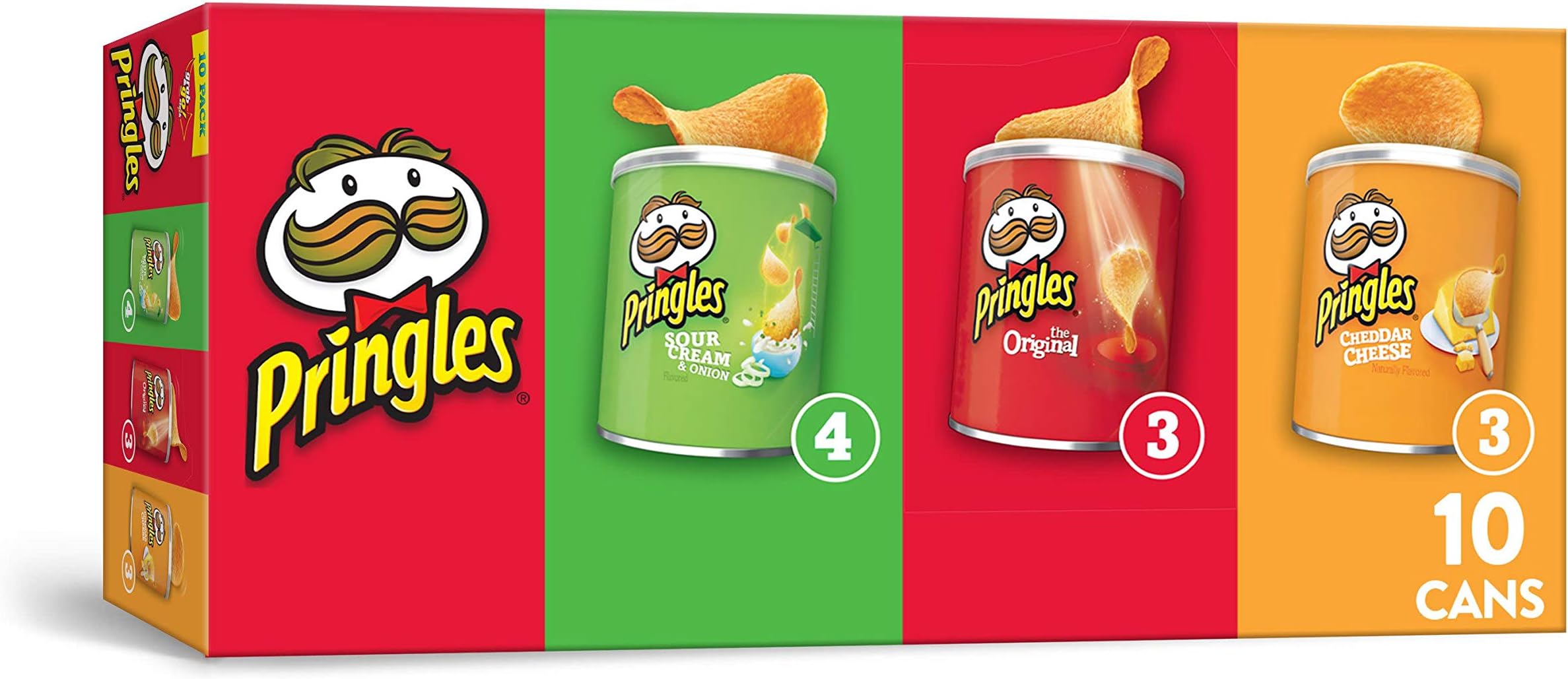 Pringles Potato Crisps Chips, Flavored Variety Pack, Original, Cheddar Cheese, Sour Cream and Onion, Grab and Go, 13.7 oz (10 Cans)