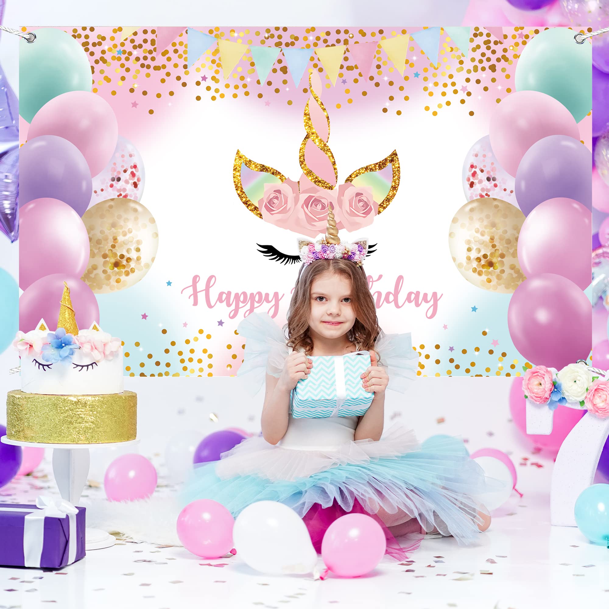 Unicorn Backdrop Unicorn Happy Birthday Party Decorations Rainbow Background Unicorn Birthday Supplies Pink Backdrop with Glitter for Girls Unicorn for Studio Props Photo Photography (6×4ft)