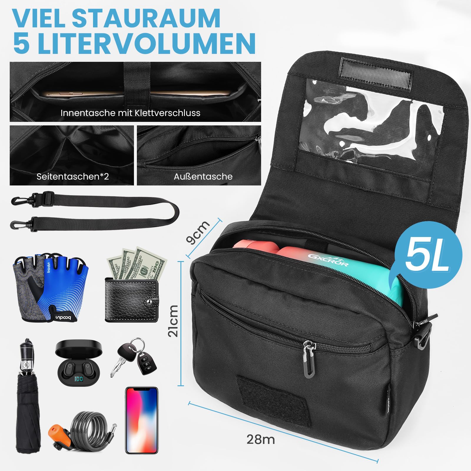 GXCROR Lenkertasche Fahrrad 5L mit Adapter, Handyhalterung, Trageschultergurt, Blitzschnell Abnehmbar, Wasserabweisende fahrradtasche Lenker, Für Stadtpendler, Reisen