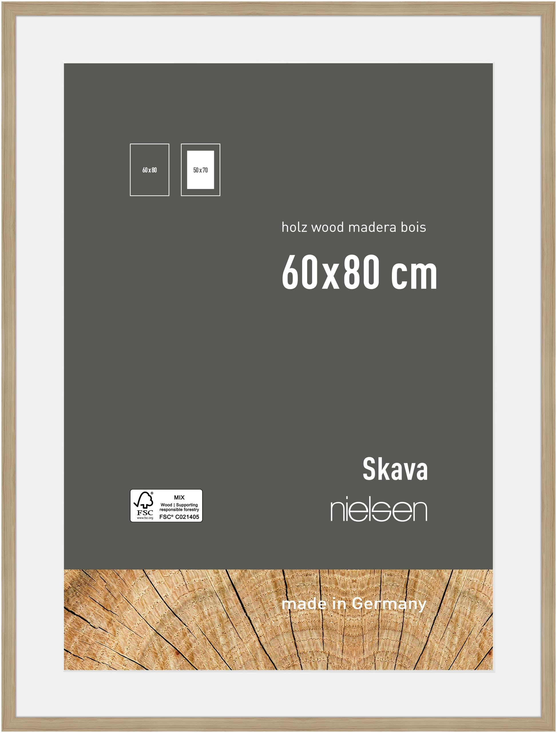 Nielsen Oak Skava Wooden Picture Frame - 60X80cm With White Mount To Fit 50X70cm Photo - Float Glass And Easy Push-Turn Clips