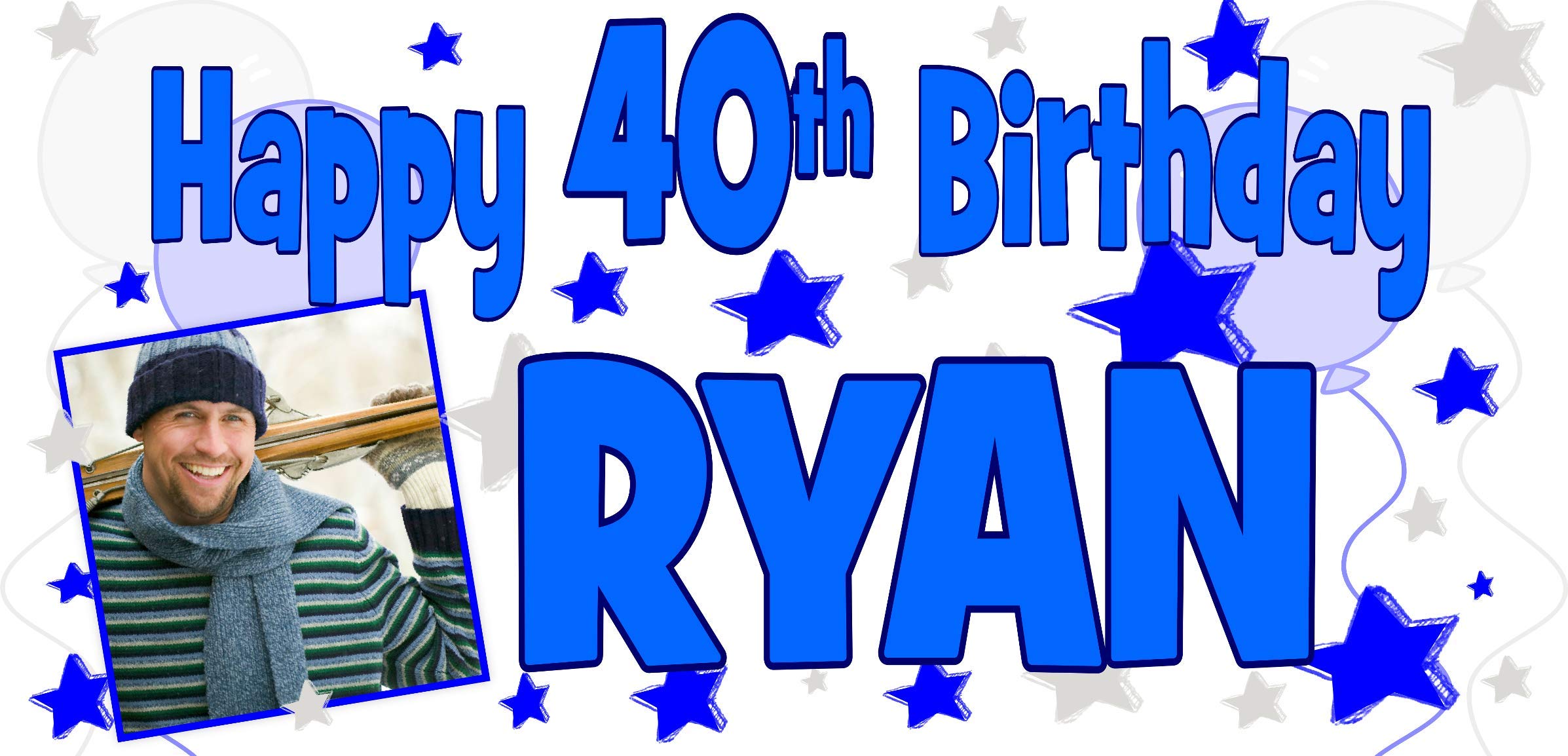 Personalised Birthday Banner with Photo for Men Boys Women Blue & Silver Party Decorations Poster Backdrop any age