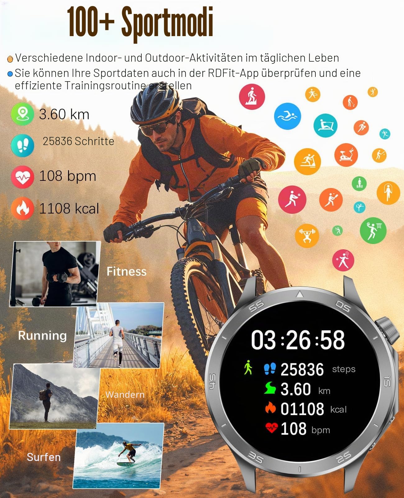 Smartwatch für Herren, GPS-Sport-Smartwatch, 1,54 Zoll HD-Bildschirm IP67 wasserdicht, Anruf annehmen/tätigen, Herzfrequenzmesser, Schlaf-Tracking, Fitness-Tracker, kompatibel für Android iOS (Schwarz