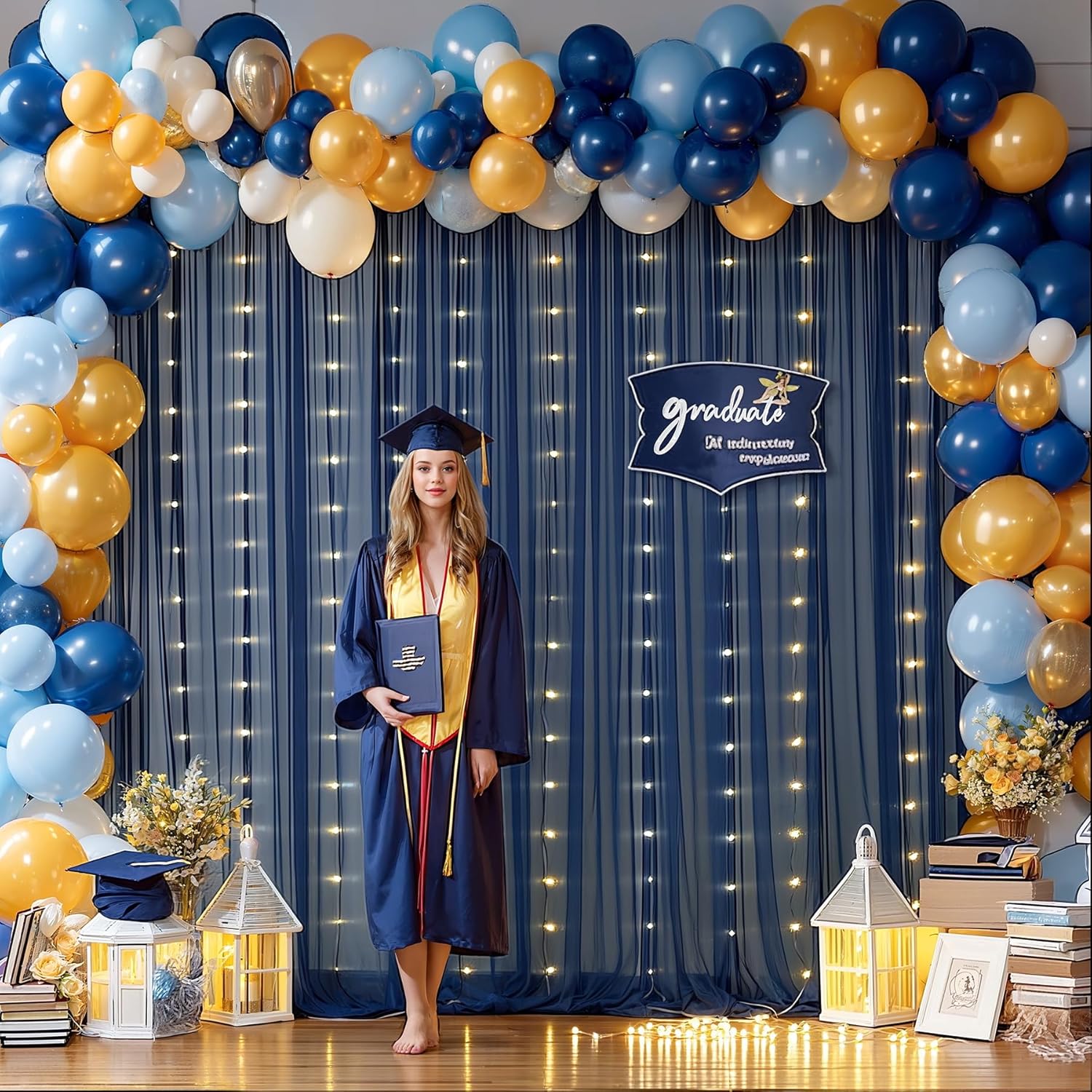 20x10ft Navy Blue Tulle Backdrop Curtain with Lights String for Parites, Sheer Photo Backdrop Curtains with Lights for Wedding Backdrop Ceremony Reception Bridal Shower Baby Shower Birthday Party