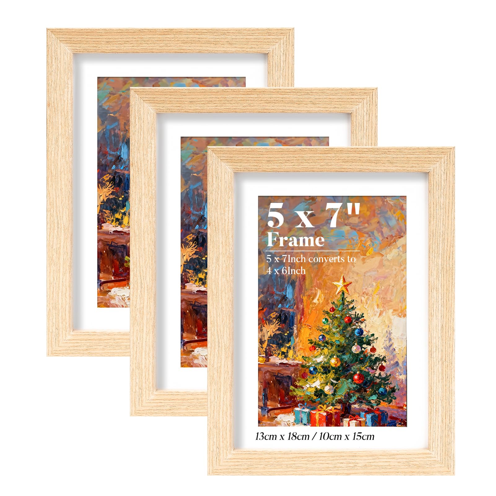 HOUSE DAY 7x5 Photo Frames,100% Solid Wood 5x7 Picture Frame with 6x4" Mount,OAK Wooden Photo Frame Tabletop and Wall Mounting for Family,Landscape,Pet Memorial,Wedding,Pack of 3