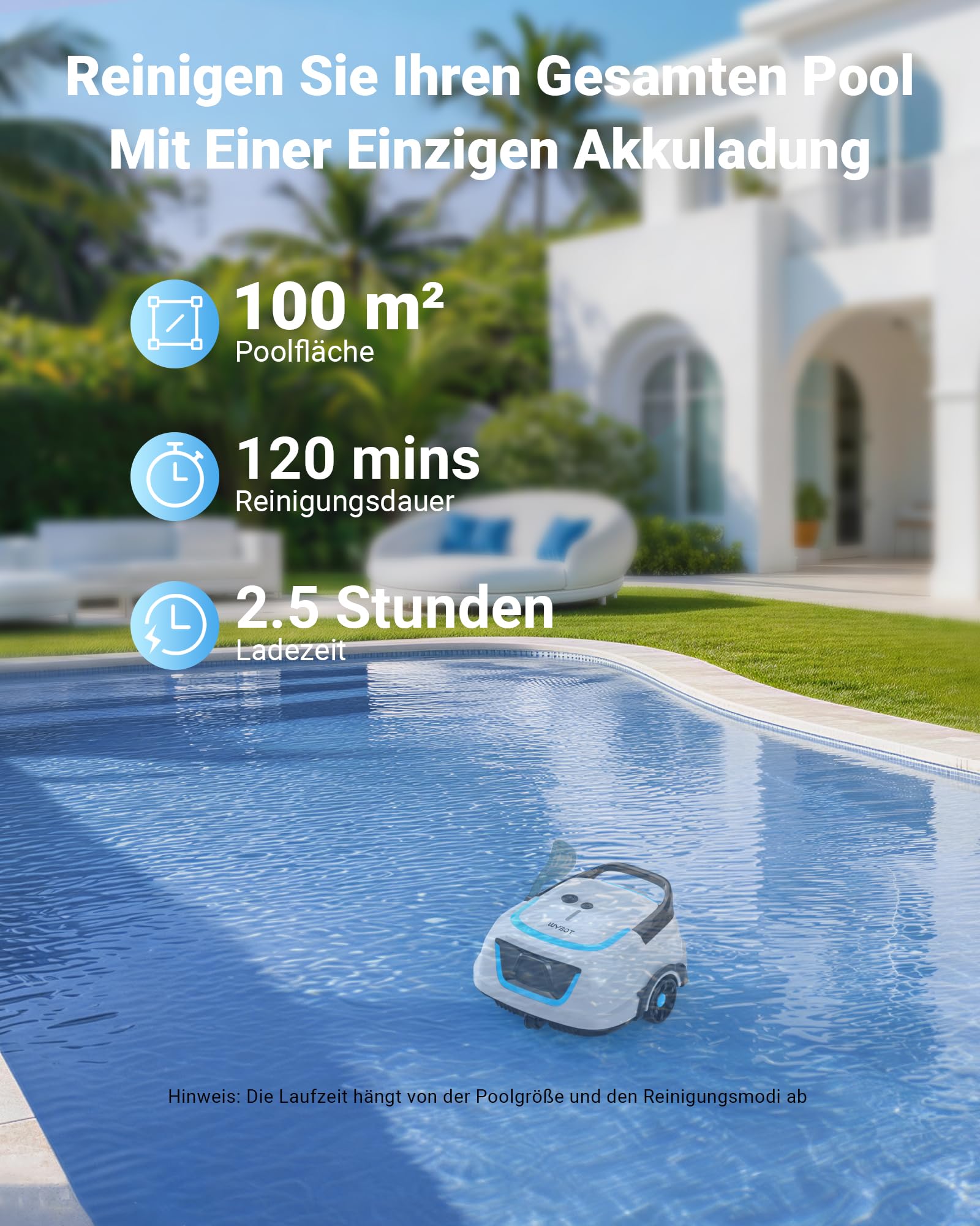 WYBOT A1/OS2010 Kabelloser Poolroboter, Poolroboter Akku 120 Min Laufzeit, Doppelsiebe, Reinigt Flache Aufstellpools Bis 100 M², Ideal für Poolroboter für Aufstellpool,Eisblau
