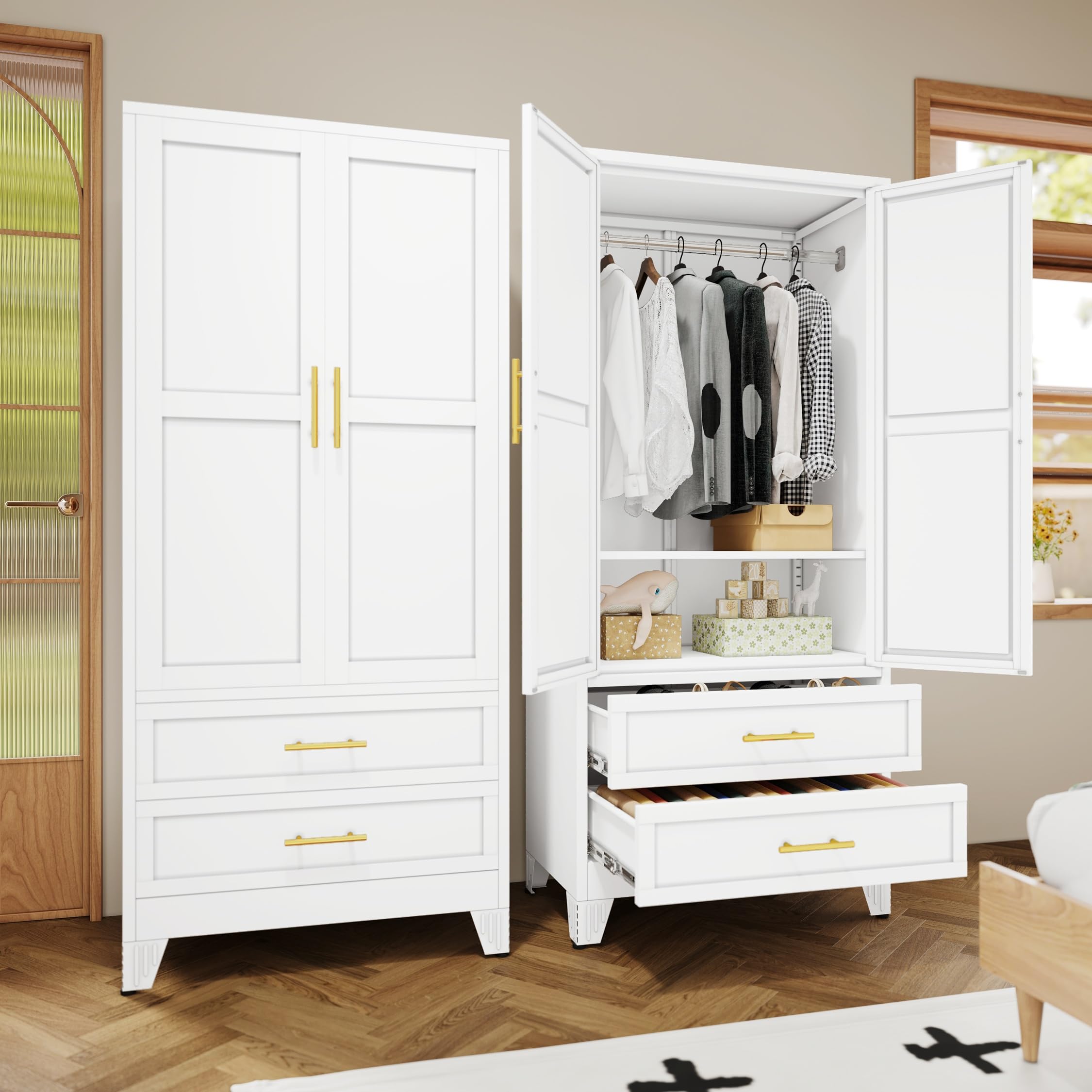 RISTERN 71” Metal Storage Cabinet with 2 Doors, 1 Adjustable Shelf and 2 Draws, Armoire Wardrobe Closet with Hanging Rods for Home Office, Bedroom, Living Room (White)