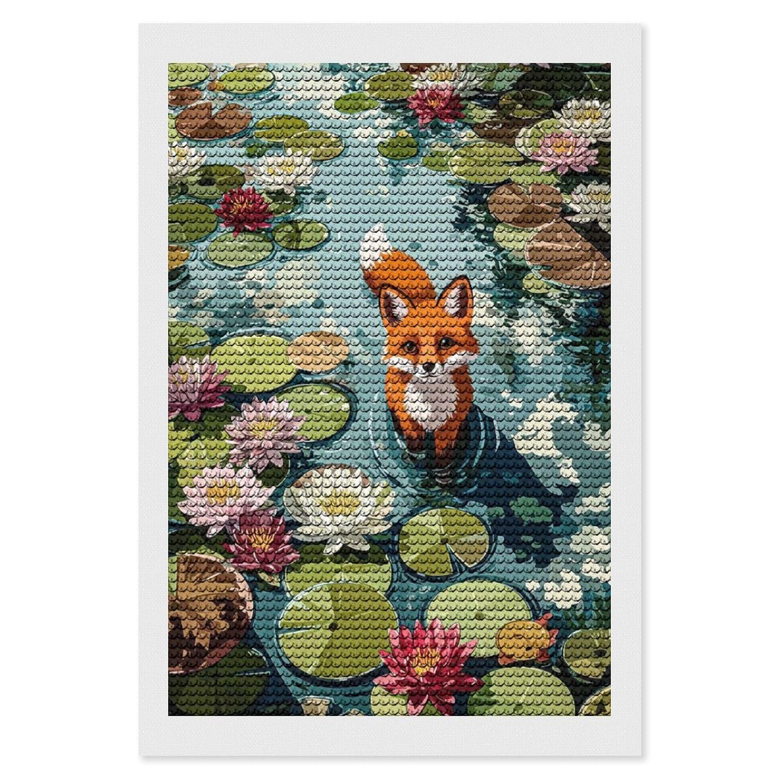Junmoney Fox in Lily Pond Illustration Round Drill Diamond Painting 8"x12", for Craft Lovers, Stress Relief Craft, Bedroom Decor, Festive Craft Gift