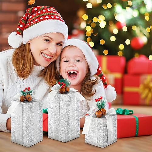 Miniatura 5 de Amyhill 3 piezas de madera rústica de Navidad, centros de mesa con purpurina plateada, bloques de imitación para mesa de bandeja escalonada,