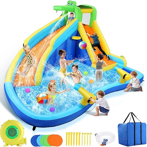 Tobogán acuático inflable para niños con soplador de 450 W, parque acuático de cocodrilo de 13.1 x 11.5 x 7.4 pies con escalada, piscina de