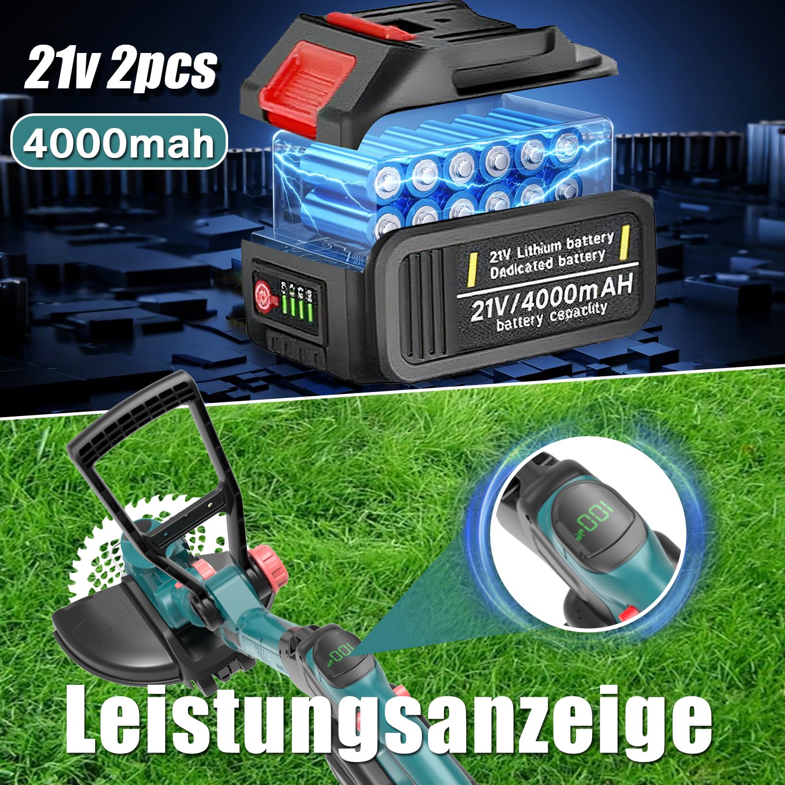 Akku Rasentrimmer mit Unkrautbürste, 21V Bürstenlose Rasentrimmer für Makita Akkus, Elektrischer Freischneider Akku, Inkl. 2X4.0Ah Akku & Ladegerät für Garden Trimmen (Blau)