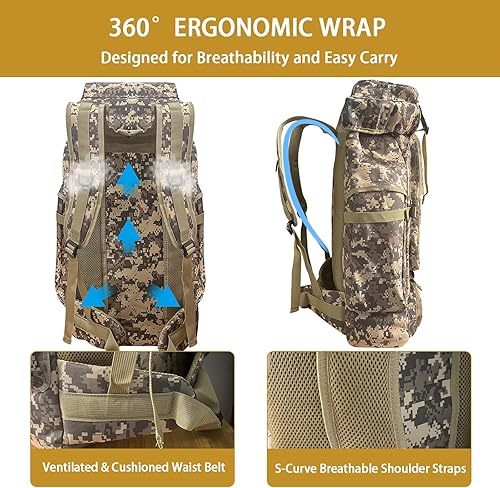 Miniatura 5 de Mochila de senderismo para campamento de 80 L, mochila táctica militar grande con puerto de carga USB, mochila de viaje impermeable con mosquetón,