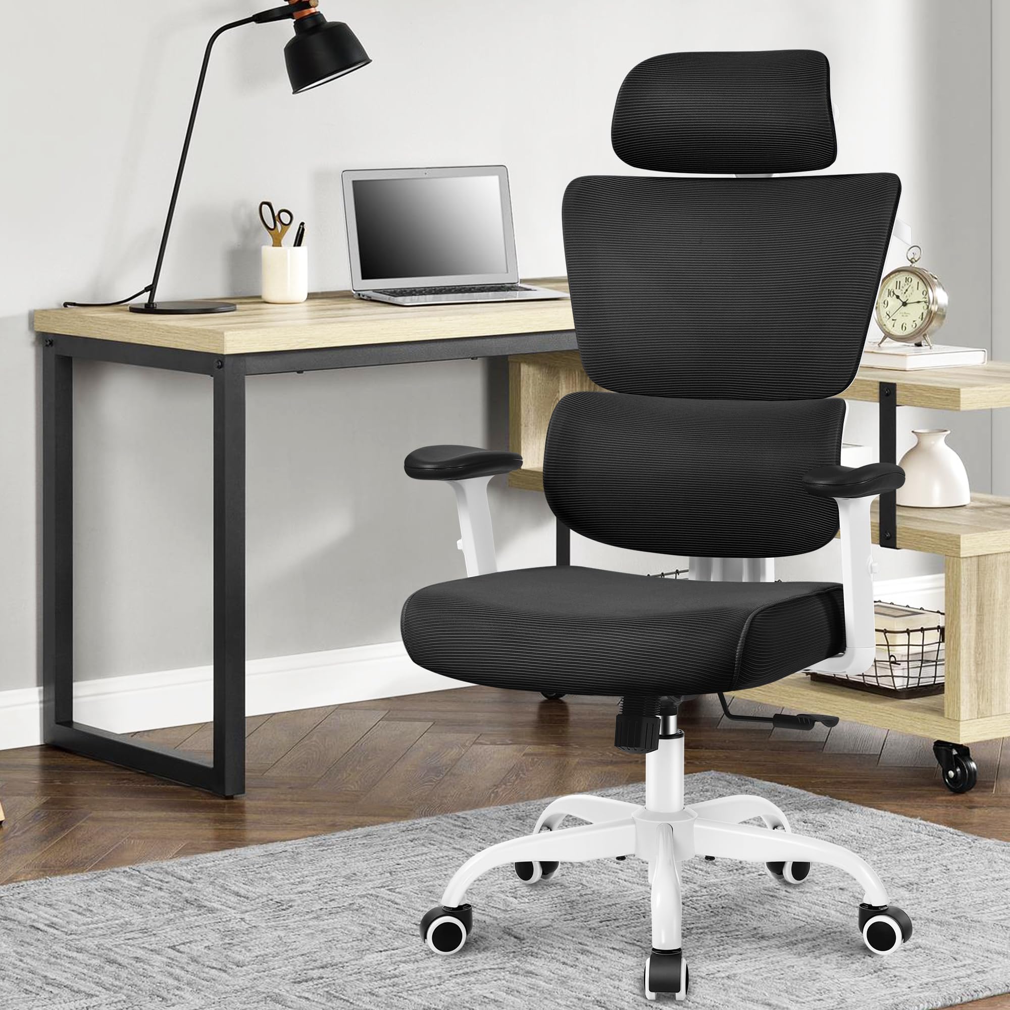 DoChair Sedia Ufficio Ergonomica Con Rete, Schienale Divisio E Poggiatesta Regolabile – Pratica E Traspirante Con Gancio Appendiabiti (Grigio Scuro)