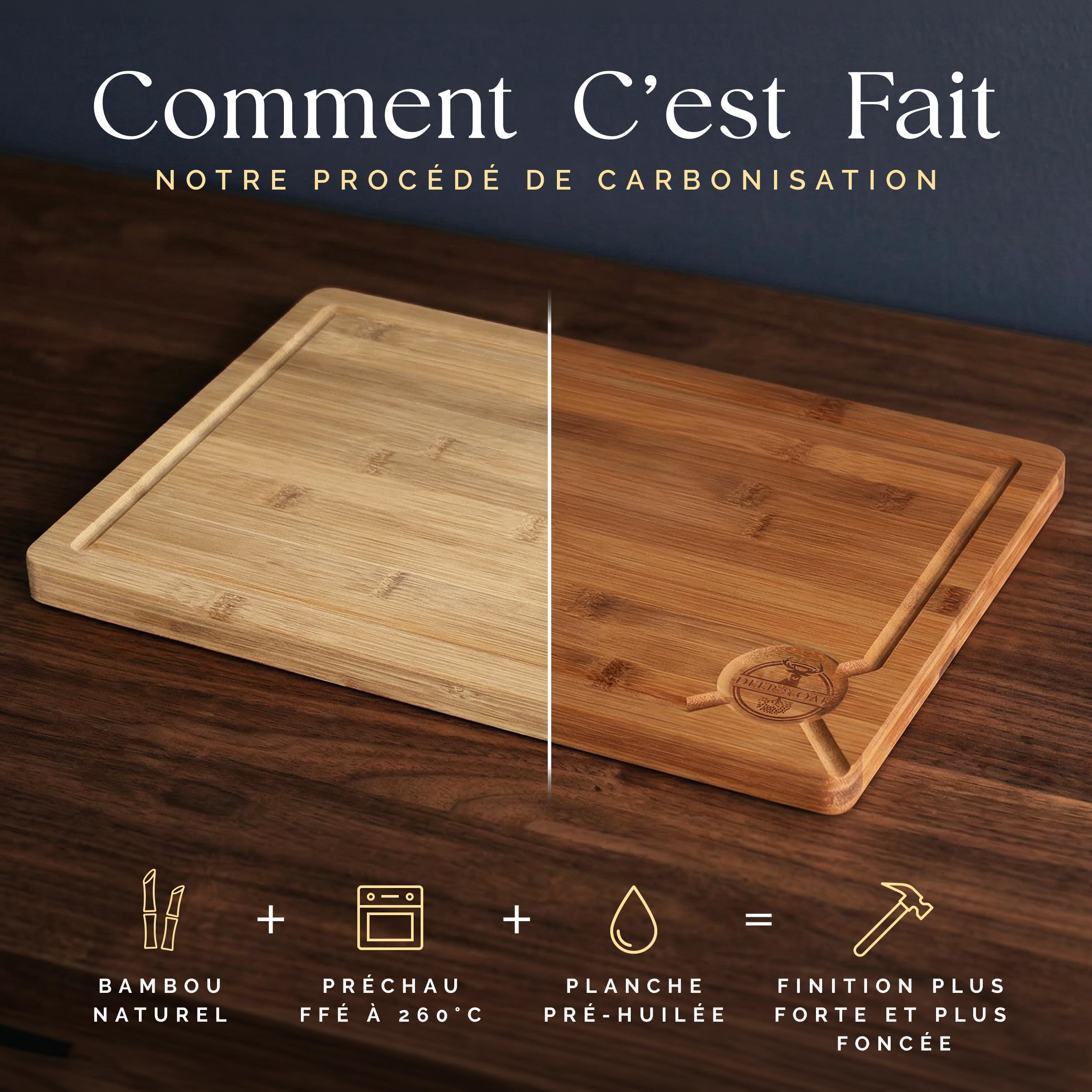 Deer & Oak Lot de 3 Planches à Découper Bambou Carbonisé Pré-huilées | Trou de suspension · Technologie 260 °C · Aussi pour le service de charcuterie