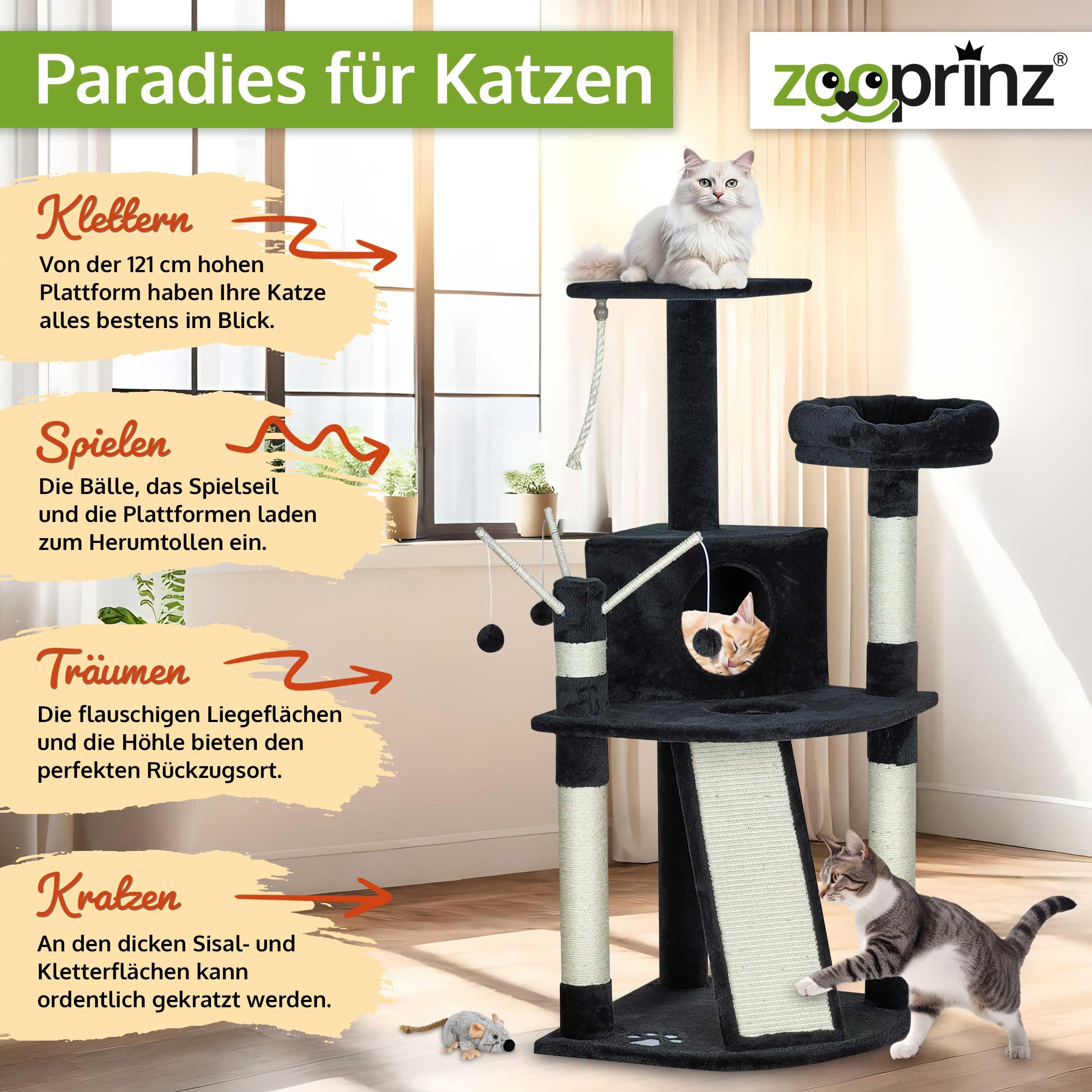 zooprinz Kratzbaum 121 cm schwarz mit Höhle und Liegefläche | Katzenkratzbaum mit Bett, Sisal-Kletterrampe und Kratzsäule, Katzenturm für Indoor-Katzen