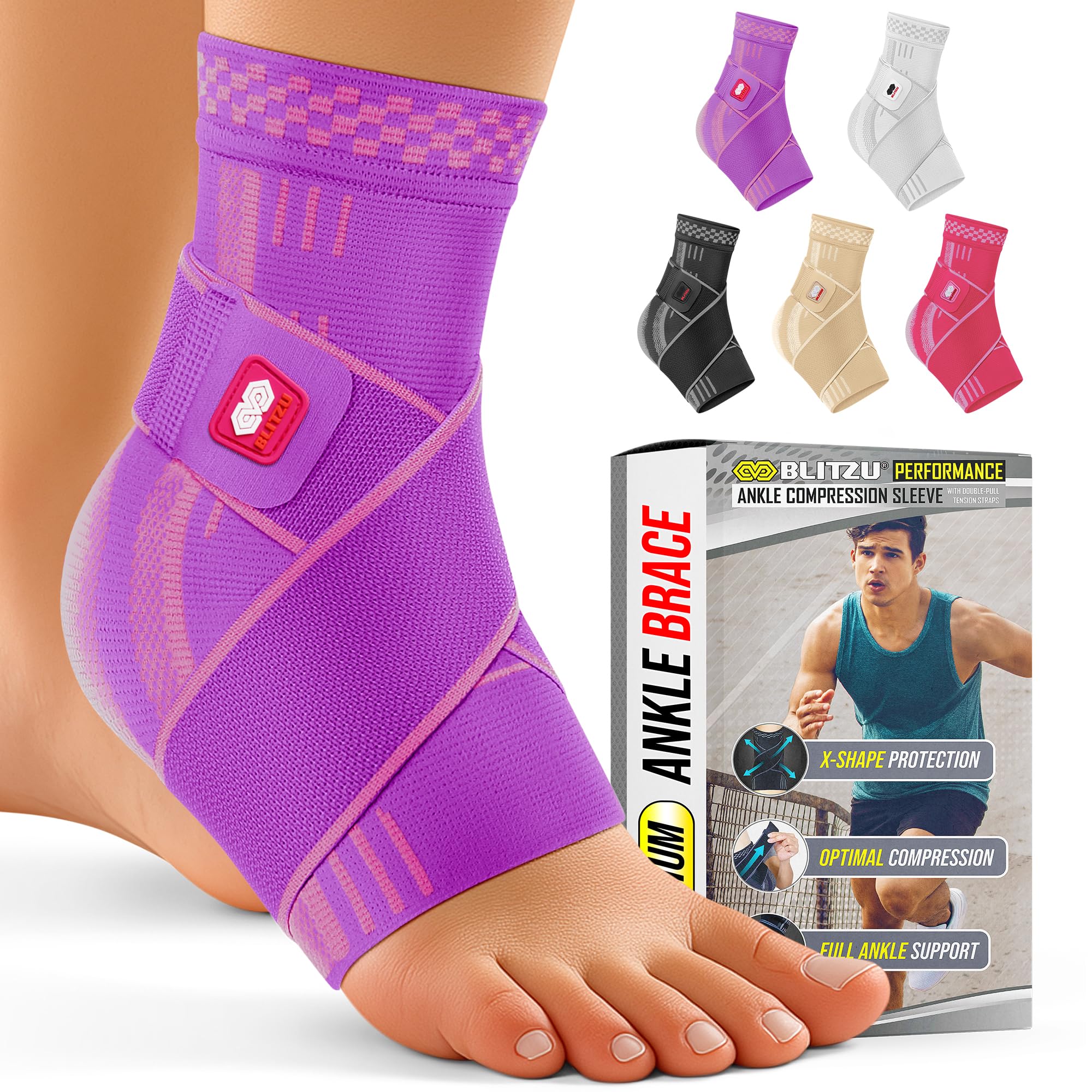 BLITZU Ankle Brace for Women, Men, Plantar Fasciitis Relief, Achilles Tendonitis Brace for Sprained Foot, Ankle Compression Sleeve with Strap Purple S