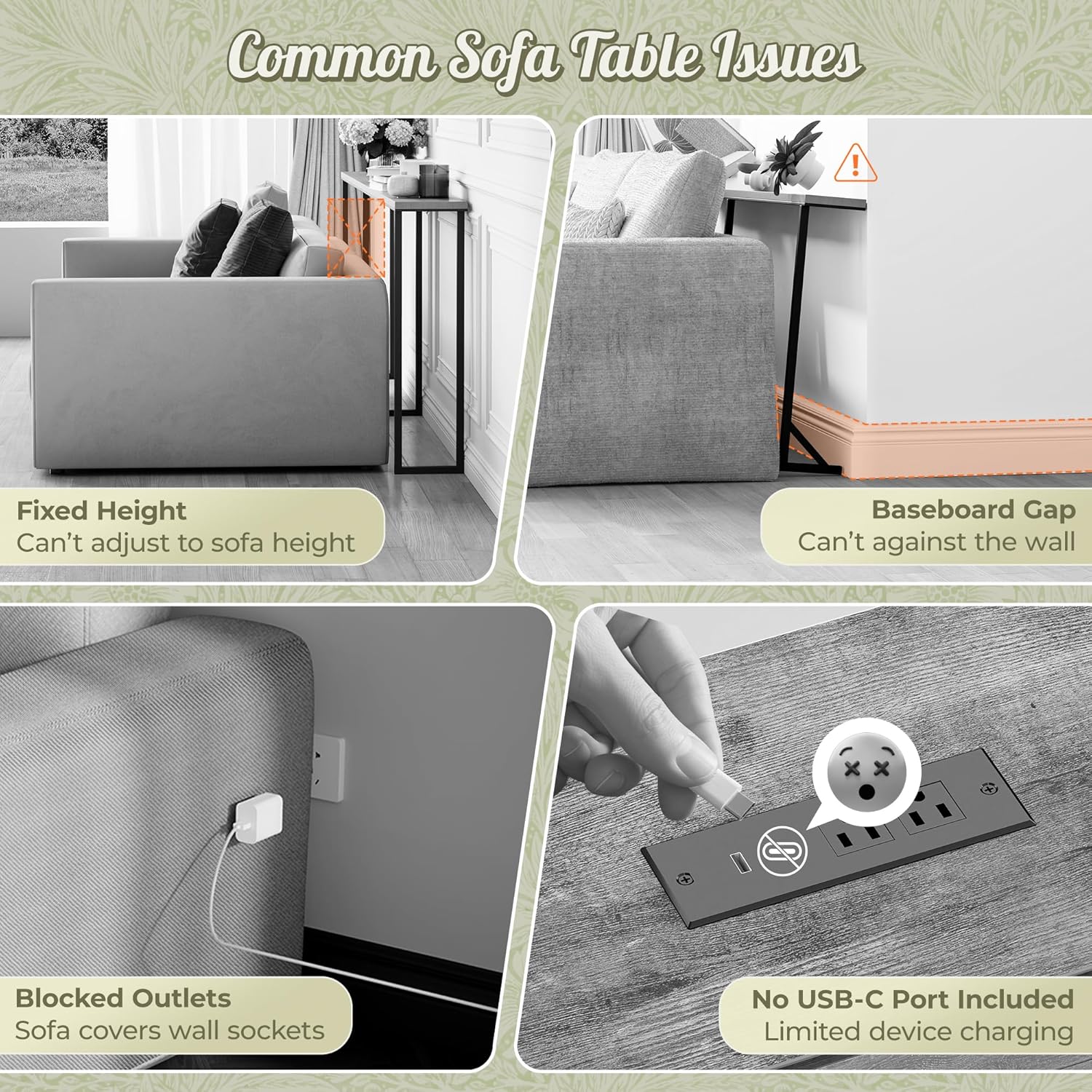 Huuger 102.4 Inch Sofa Table with Power Outlets, 23.9’’-34.4’’ Height Adjustable Range, Behind Couch Table with USB-C Ports, Sofa Tables Narrow Long, Skinny Console Table, for Small Spaces, Black