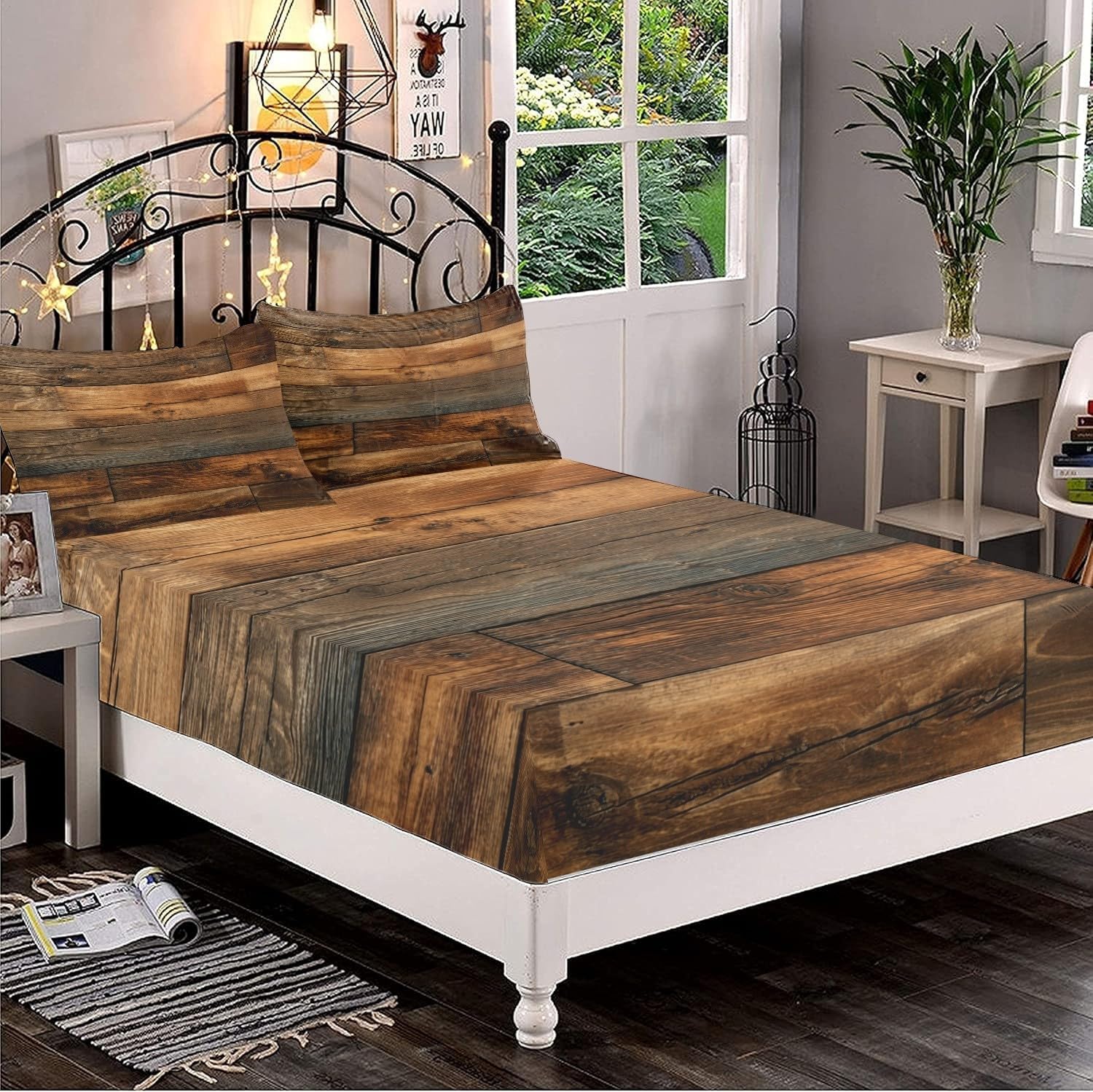 Sábana Bajera Ajustable 160x200x30 cm para Colchón Grano de Madera Retro Microfibra Suave y Transpirable, Funda de Colchón MarróN Elástico en el Borde, Bolsillo Profundo 30 cm