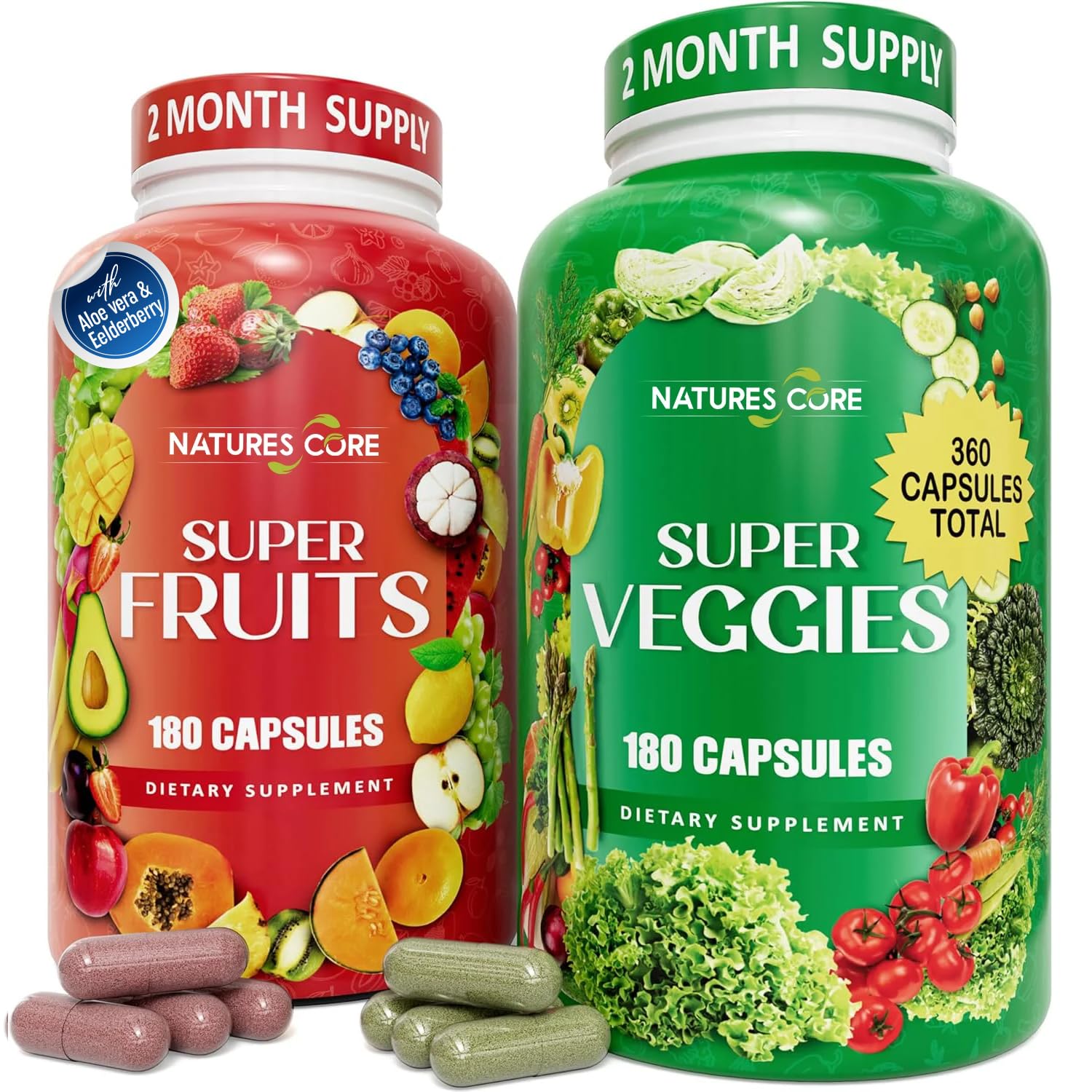 Nature's Core Fruit and Veggie Supplement - 360 Capsules -100% Whole Super Fruit and Super Vegetable Supplements & Vitamin, Made in USA, Soy Free, Vegan- (180 Count Pack of 2)