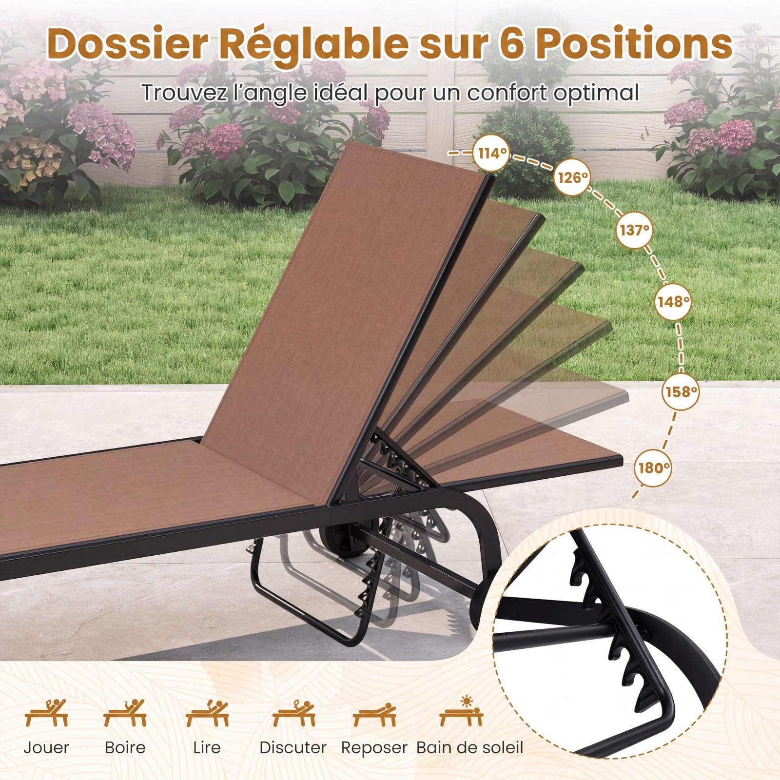 COSTWAY Bain de Soleil à roulettes Inclinable, Dossier à 6 Positions,Marron