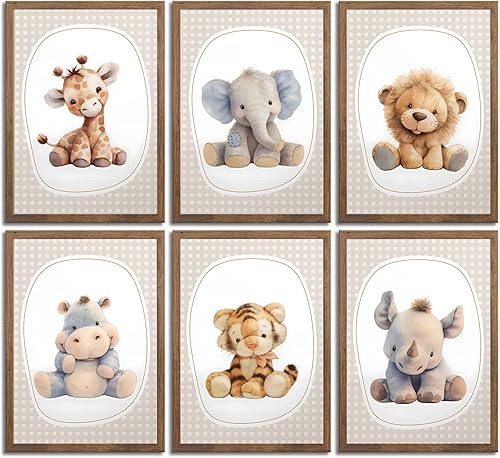 6 piezas de lienzo de animales para guardería, arte de pared de elefante, jirafa, estampado de safari, elefante, jirafa, cuadros para decoración de