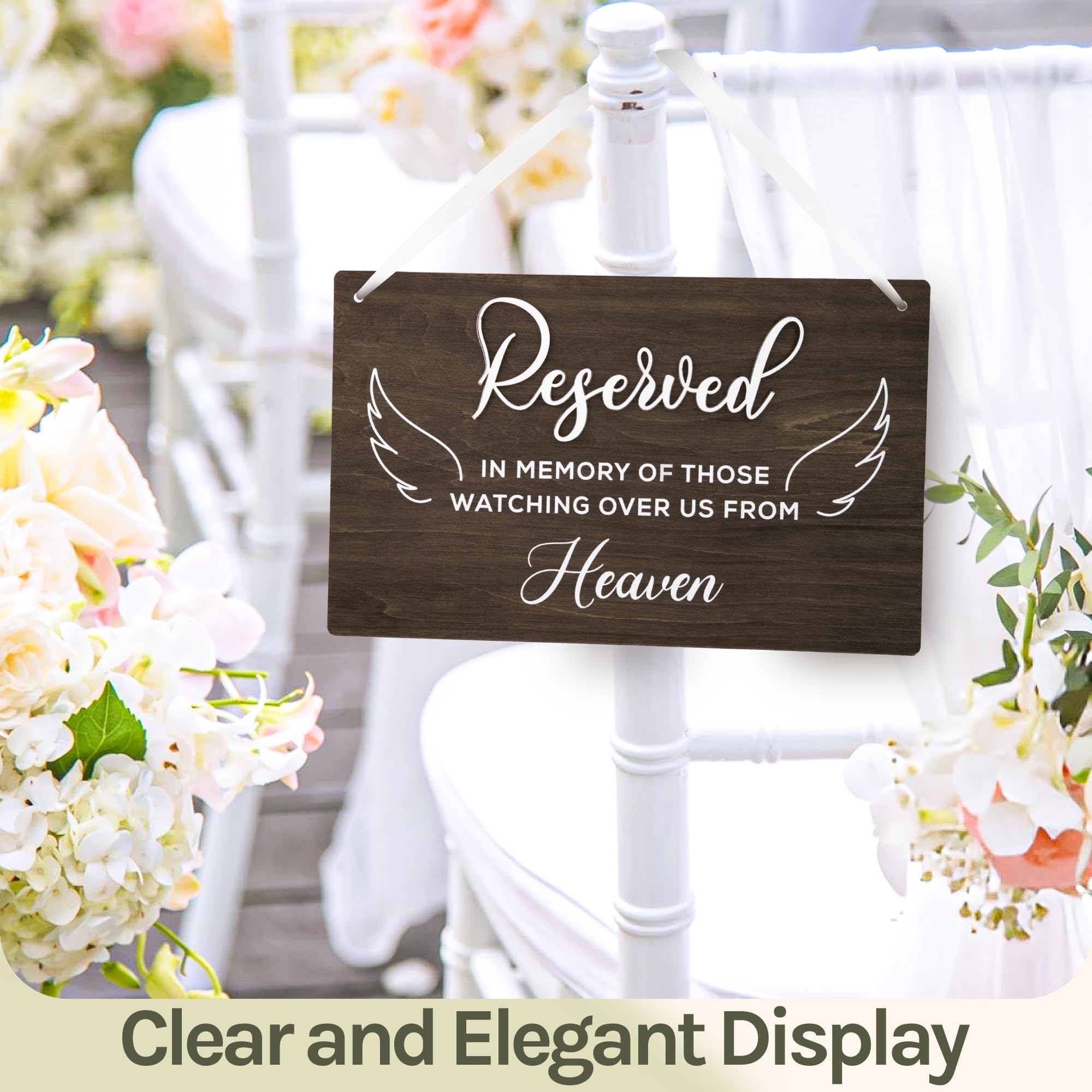 STOFINITY 'Reserved Seating Signs Wedding Heaven' - Reserved Memorial Wedding Chair, Holzschild für Hochzeitszeremonie, Sitzbanner, Gedächtnis | Holz, 30,5 x 18,3 x 0,8 cm, vormontiertes Band, hängt am Stuhl, Gedenkdekoration, Hochzeitszeremonie