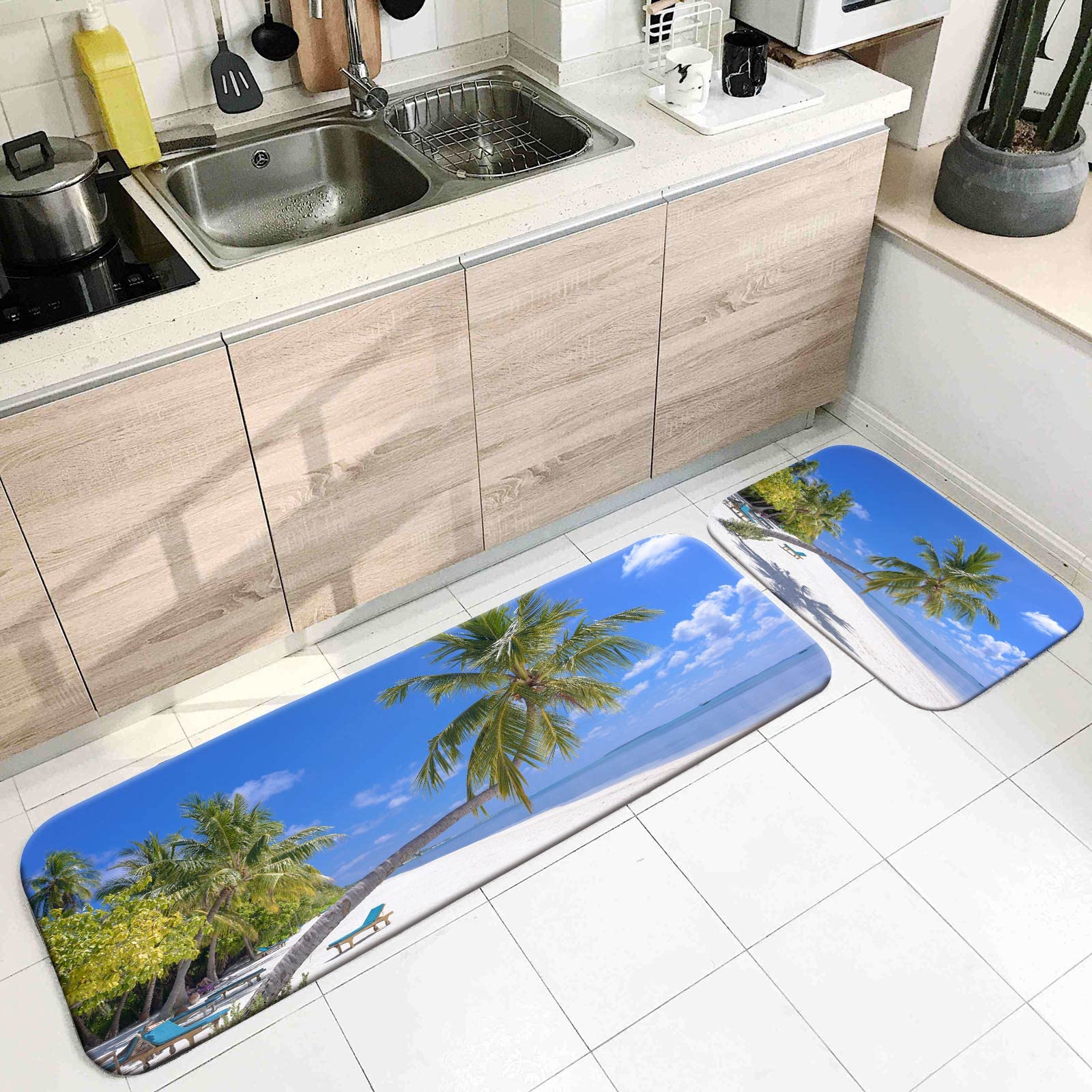 Strand-Küchenmatten-Set Mit Kokospalmen-Motiv – 40,6x61 Cm + 40,6x119,4 Cm, Rutschfeste Unterseite, Wasserabsorbierend