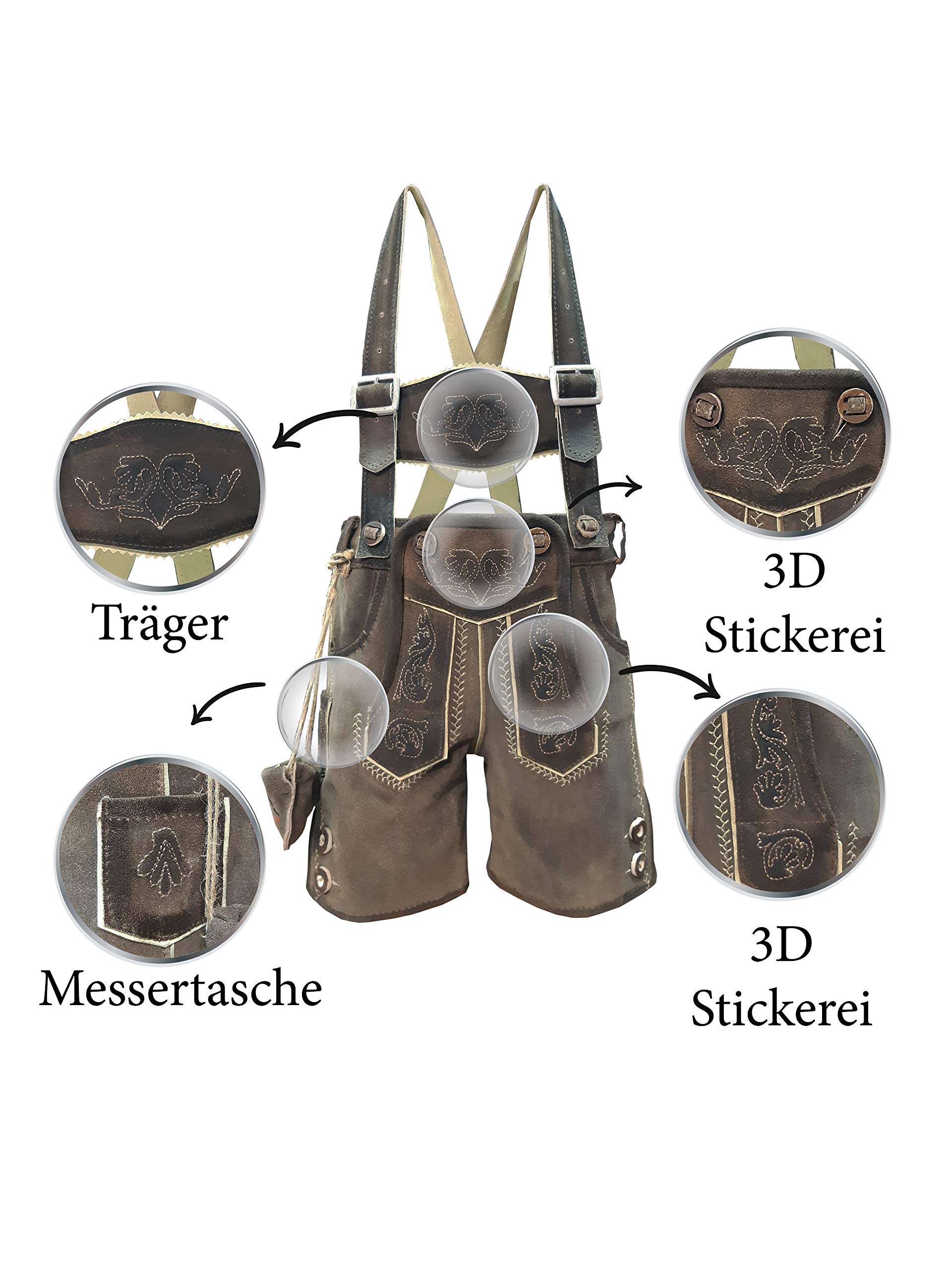 Kinder Trachten Lederhose, kurz mit Träger, Echtes Leder, Weiches Veloursleder, Braun, Sandro
