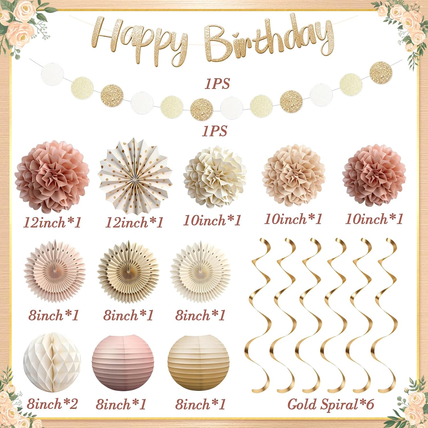 Champagne Gold Beige Fall Boho Party Decorations, Birthday Decorations for Women Girls, Cream Neutral Party Decorations, Happy Birthday Banner with Paper Flowers, Honeycomb Balls, Lanterns, Fans