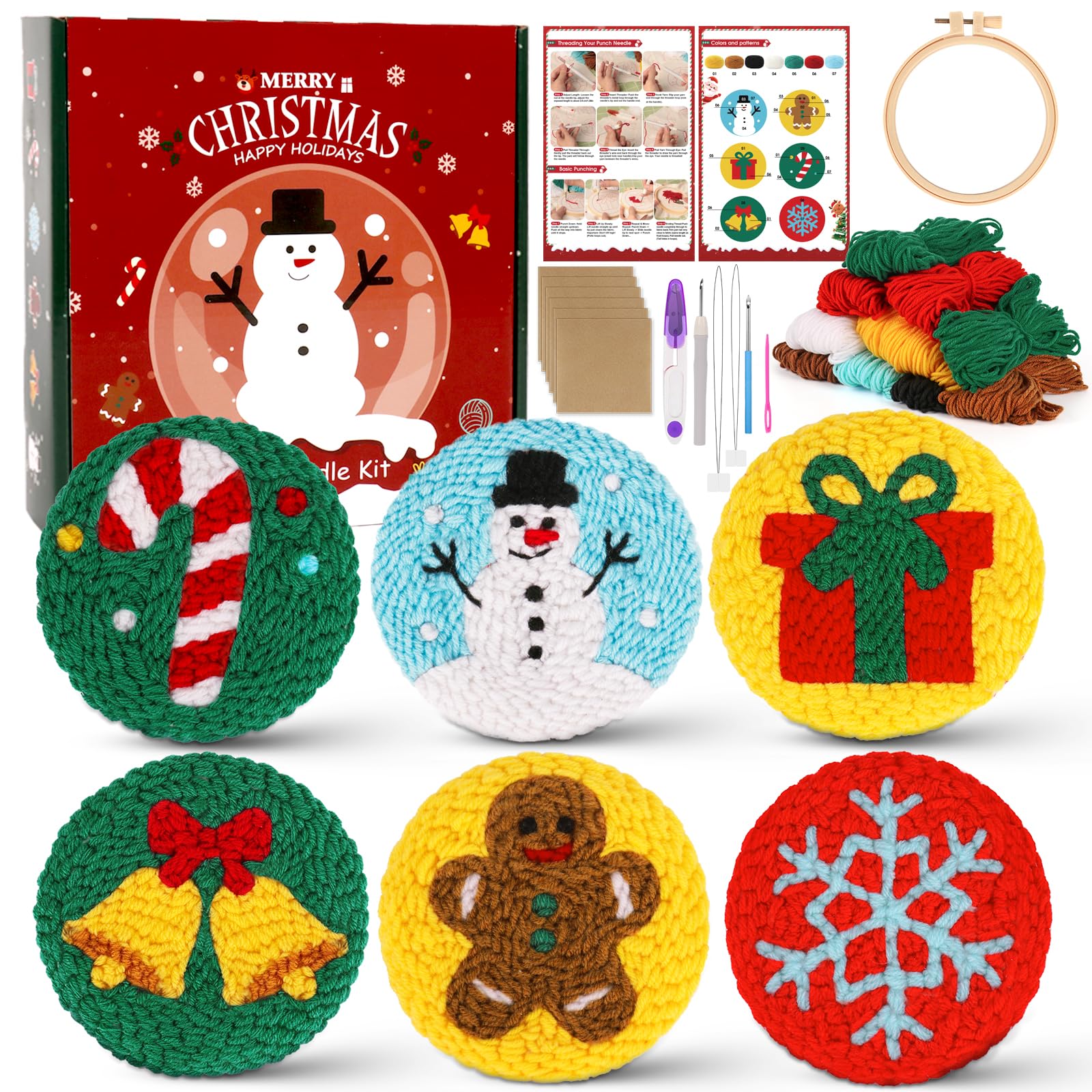 Sukhumvit 6PCS Christmas Punch Needle Coaster Kit, Beginners Punch Needle Set with 6 Tufted Patterns, Yarns, Hoop &amp; Adhesive Pads, Starter DIY Embroidery Coasters Kit for Tufted Crafts Christmas Gifts